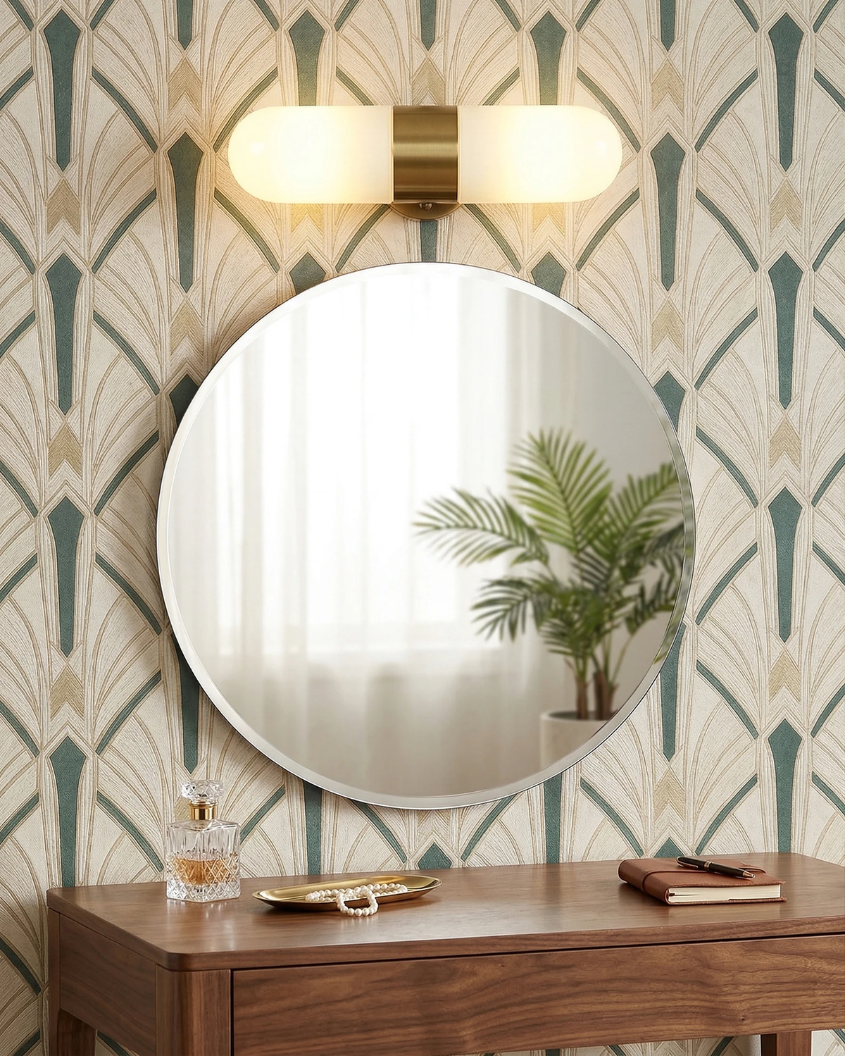 Brass wall sconce COMETA No.01 in brushed brass mounted horizontally above a round mirror on art deco wallpaper, lit
