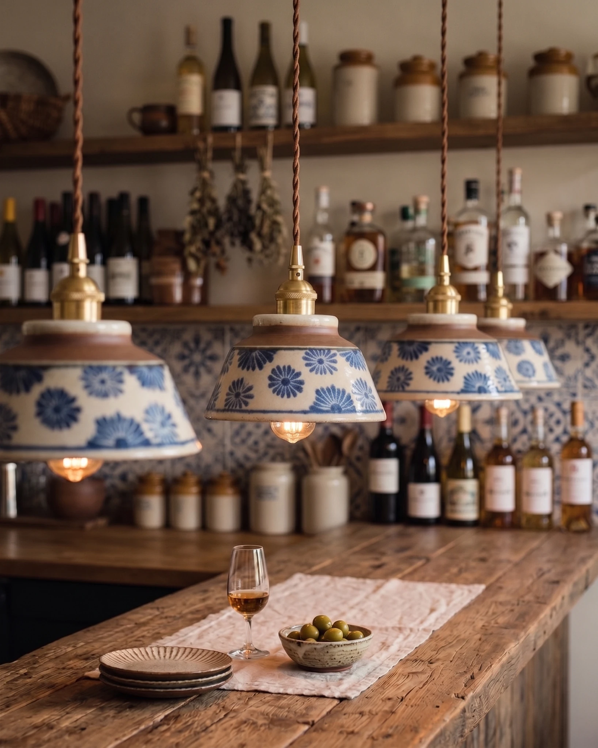 Three ceramic pendant lights MELI No.05 in indigo floral switched on above a wooden bar counter lined with bottles