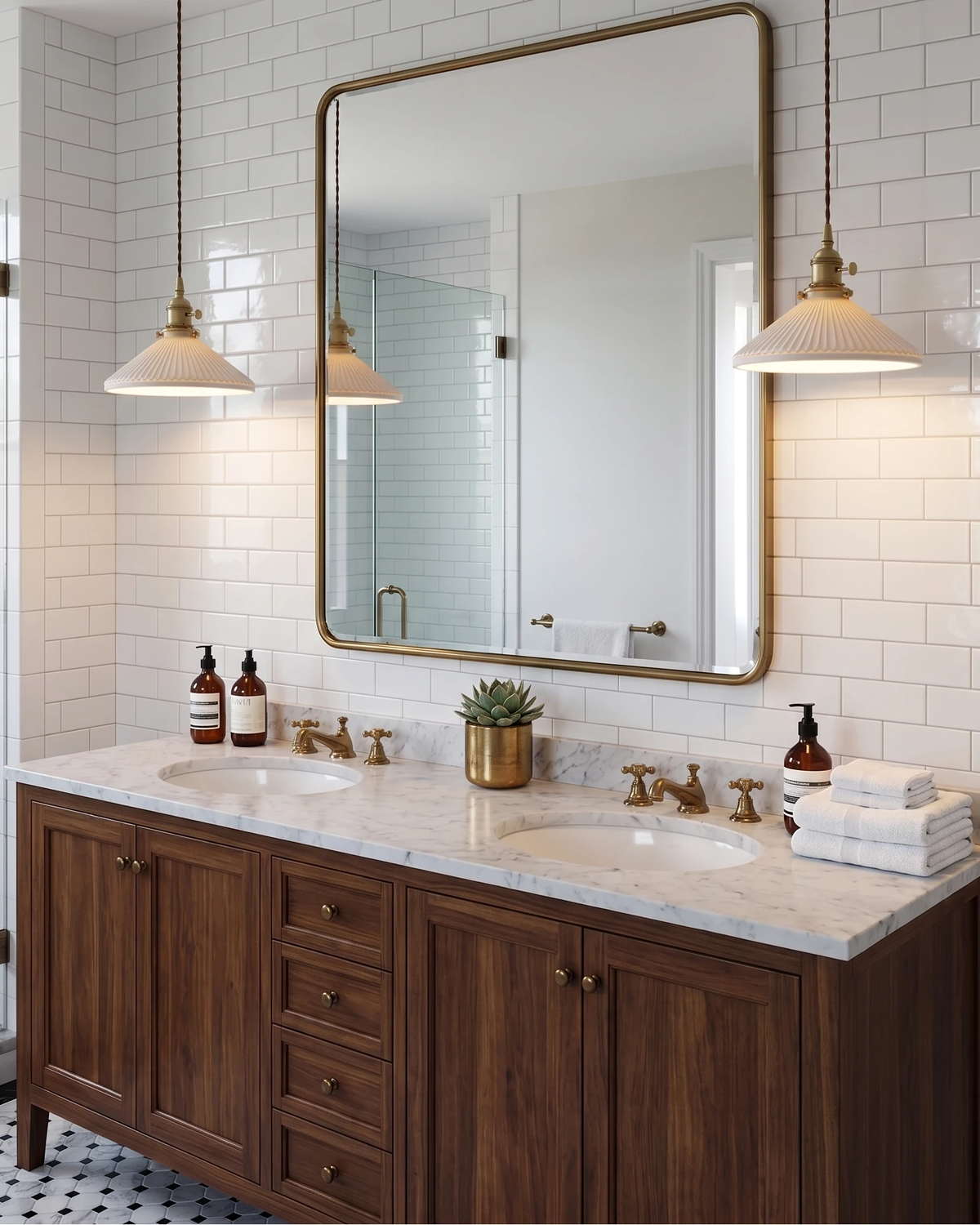 Ceramic pendant light CORA No.02, two pendants lit either side of a mirror above a walnut double vanity