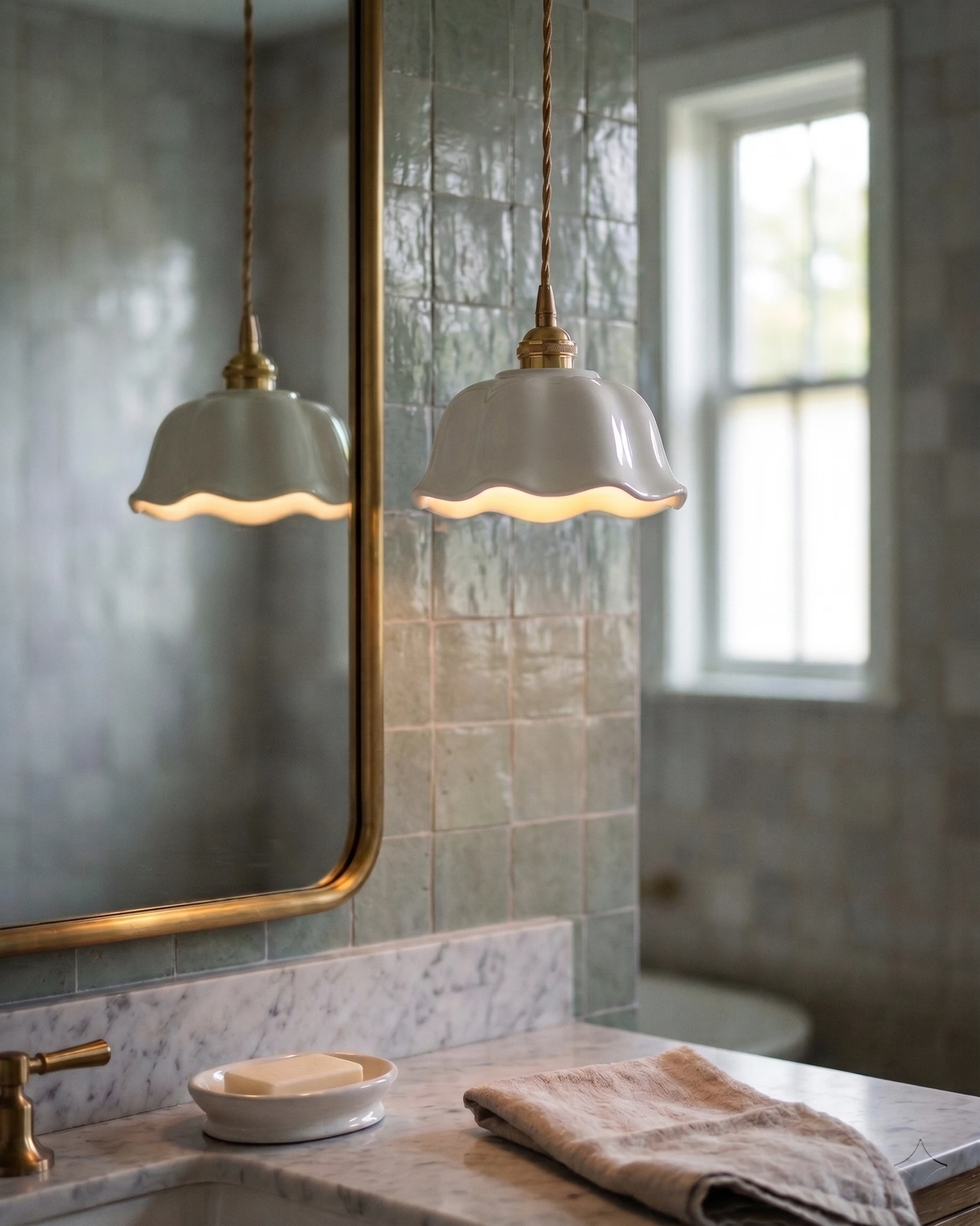 Ceramic pendant light MELI No.03, two lit scalloped bells hanging in front of a mirror above a green tiled vanity