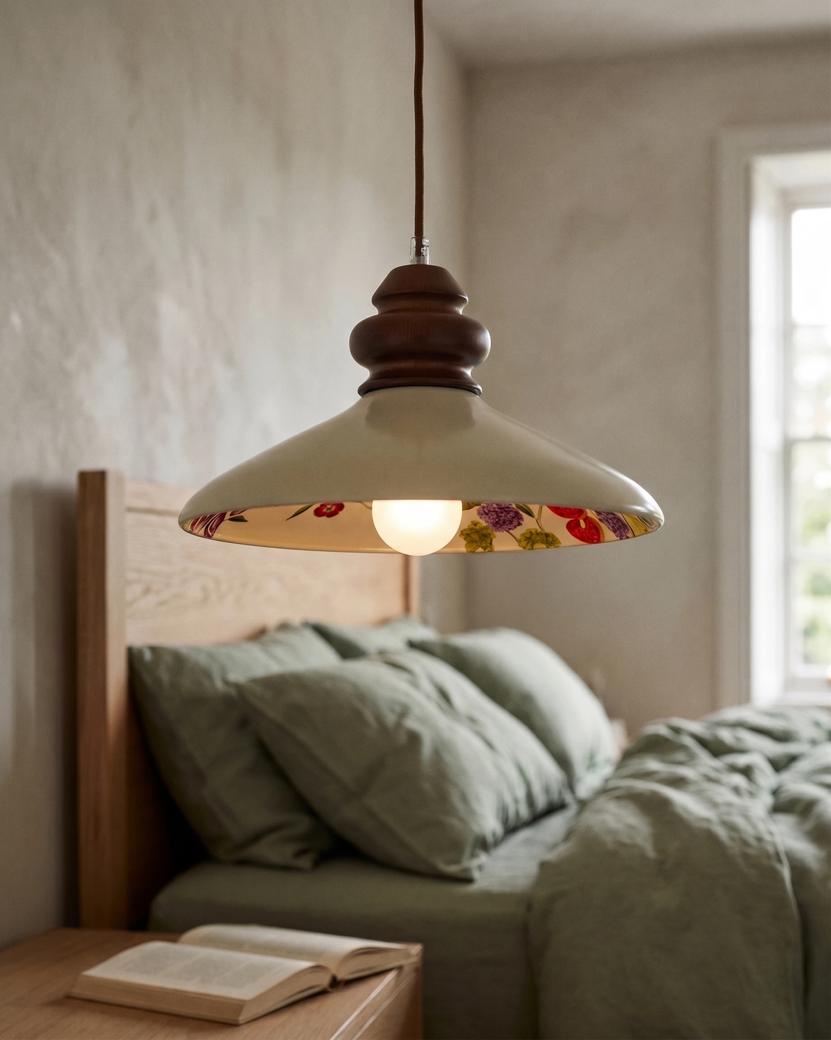 Ceramic pendant light VIOLA No.01 hung low beside an oak headboard, lit bulb revealing the floral painted interior