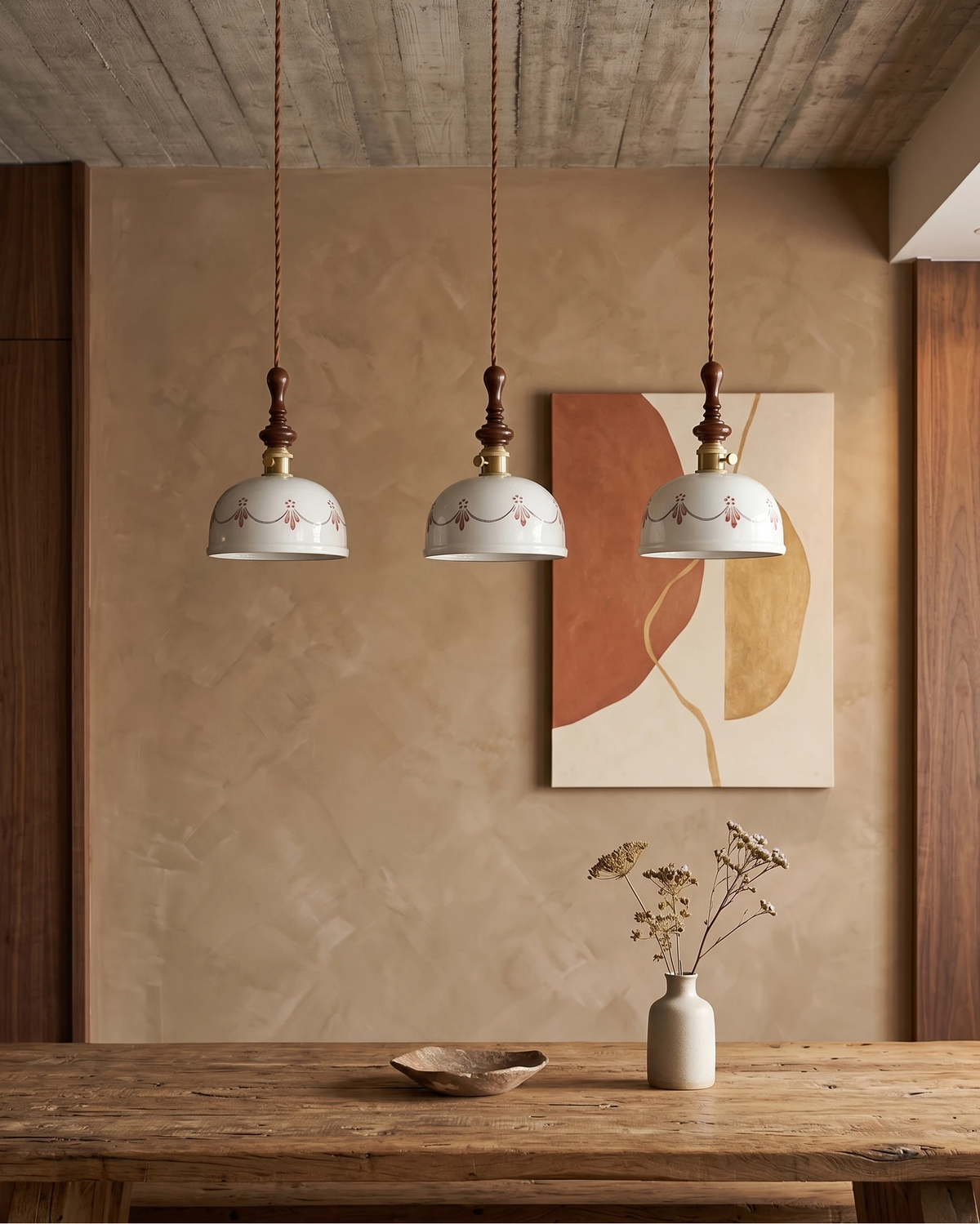 Three ceramic pendant lights MILA No.01 in mixed shapes lit above a wooden console with a bowl and abstract art