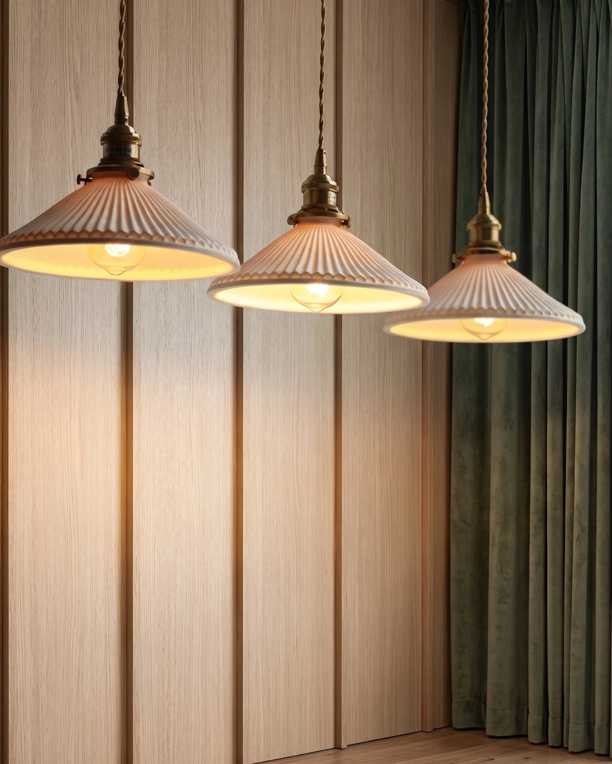 Ceramic pendant light CORA No.02, three pleated cone pendants lit in a row against wood paneling and green curtains