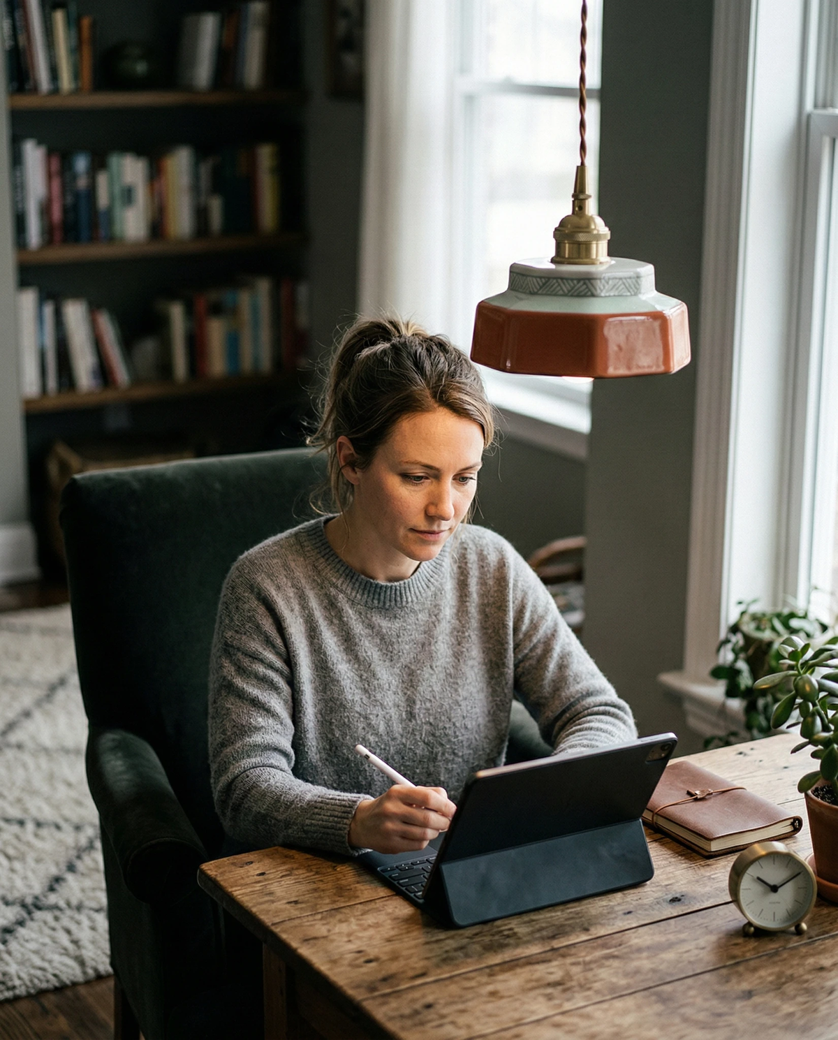 Ceramic pendant light RAGUSA No.01 in oxblood red lit above a woman working on a tablet at a wooden desk