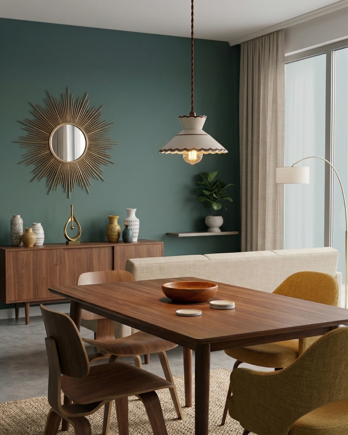 Ceramic pendant light MELI No.04 in cream white switched on above a walnut dining table by a teal wall