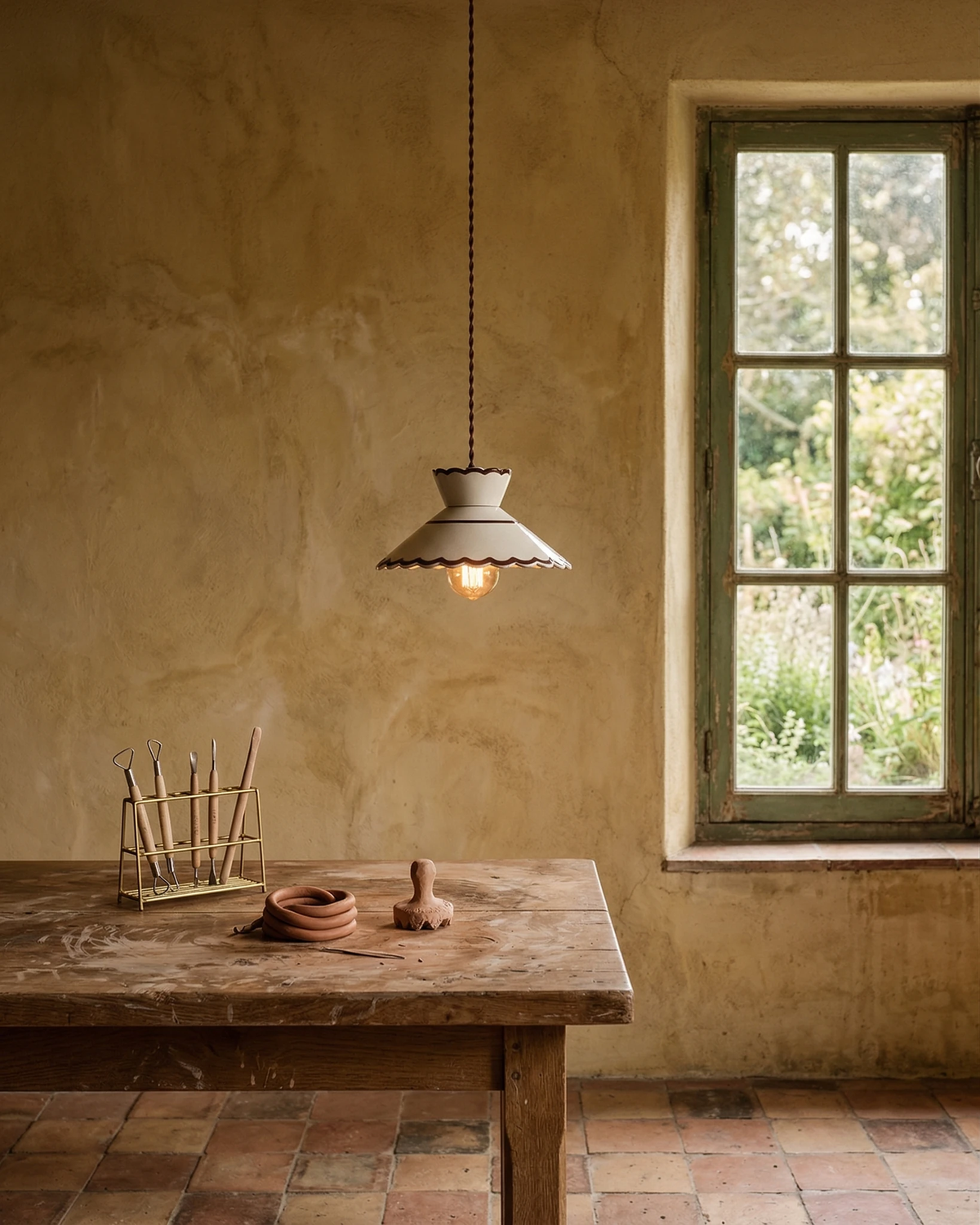 Ceramic pendant light MELI No.04 hanging over a rustic wooden table in a plaster-walled room with a window