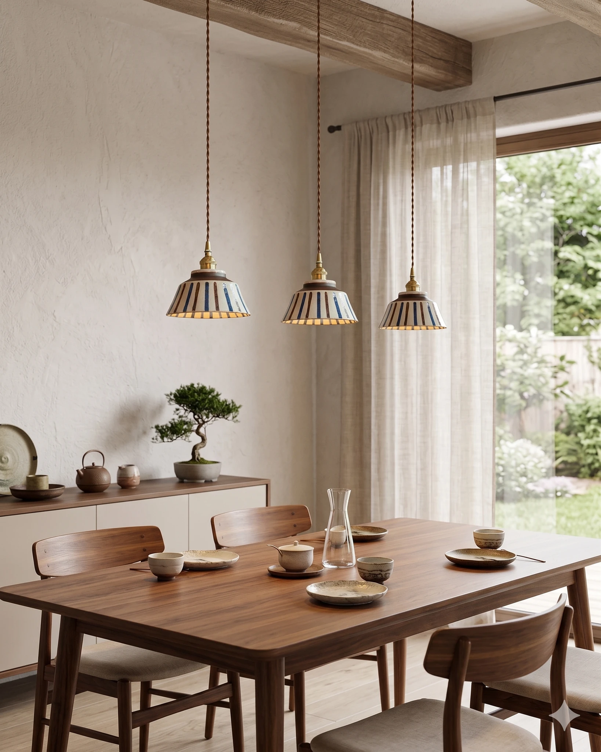 Three ceramic pendant lights MELI No.05 in mariner stripe lit above a walnut dining table beside a garden window