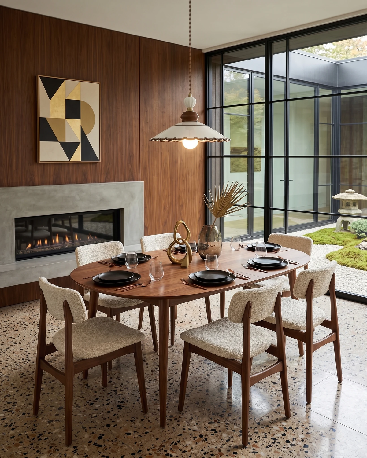 Ceramic pendant light MELI No.02 lit above a walnut dining table with cream chairs beside a fireplace