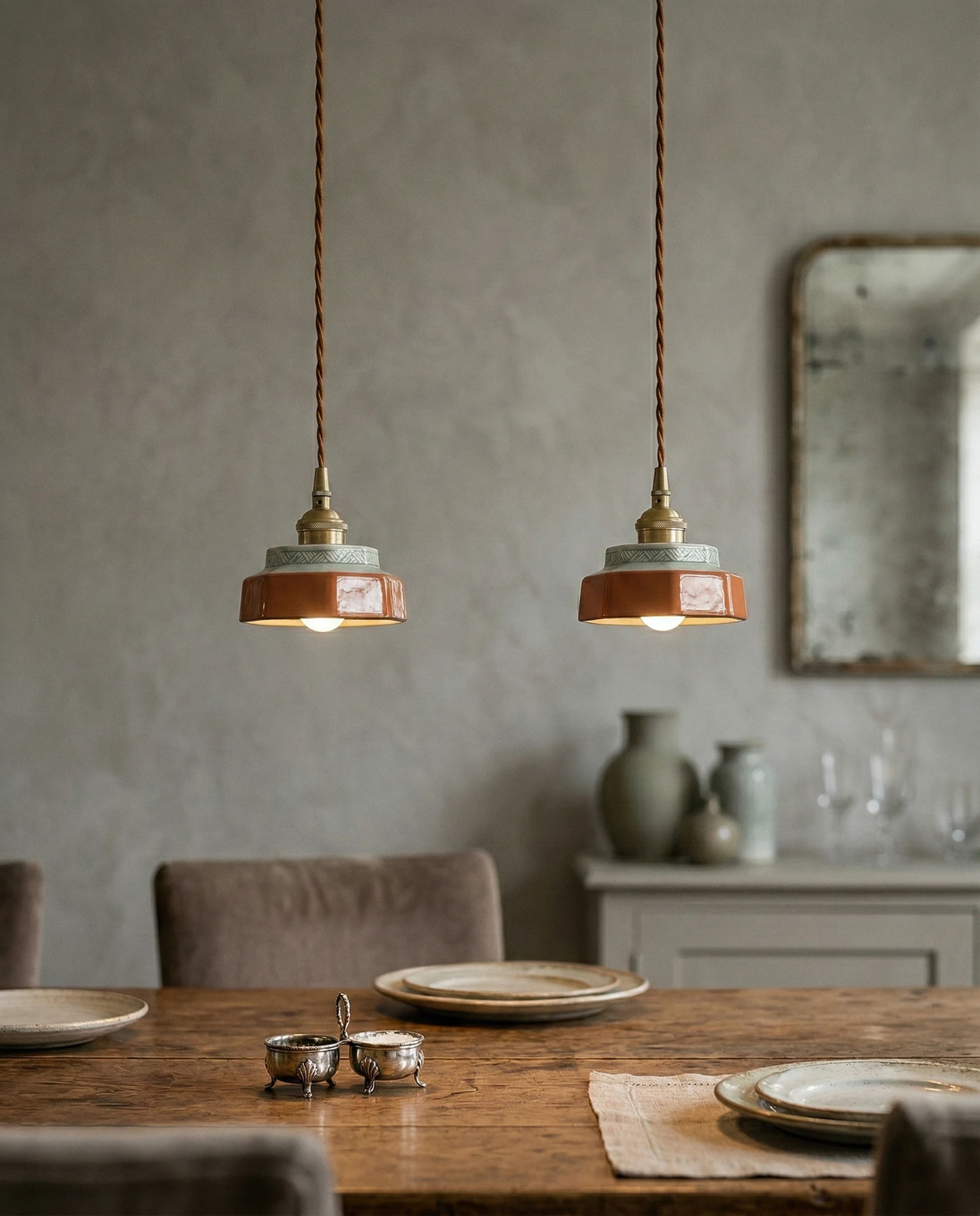 Two ceramic pendant lights RAGUSA No.01 in oxblood red lit above a wooden dining table with an antique mirror
