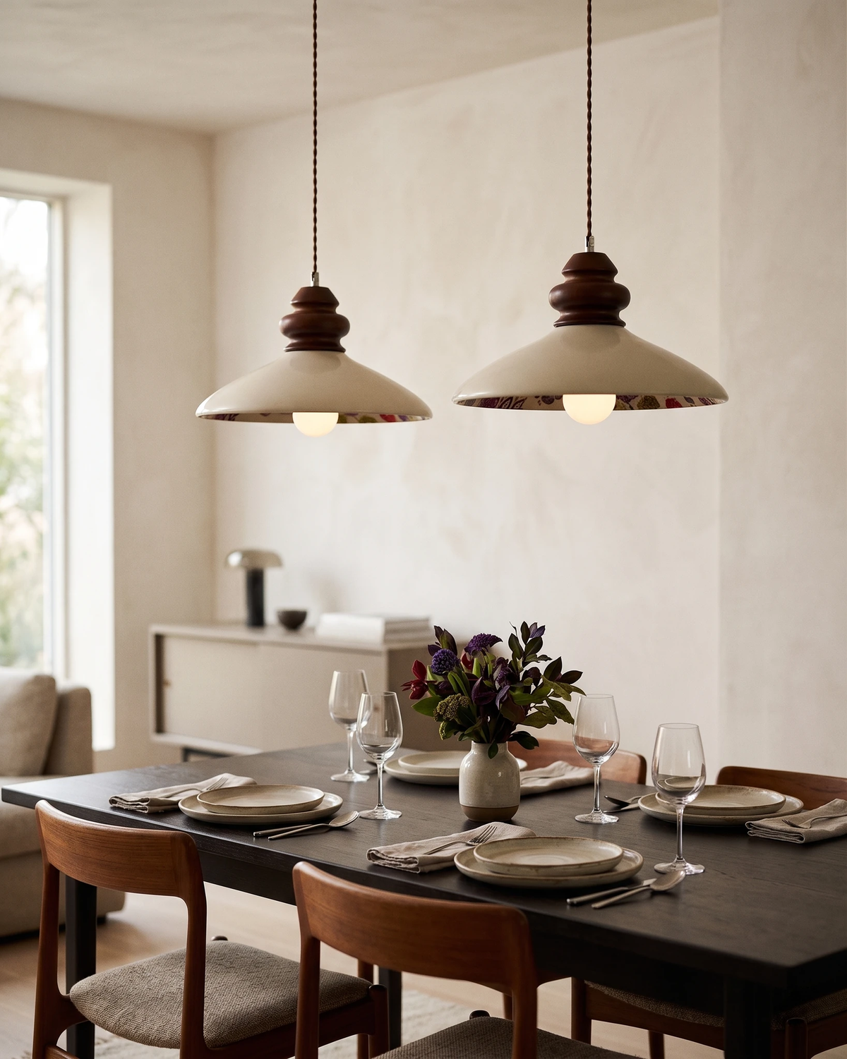 Two ceramic pendant lights VIOLA No.01 with walnut-tone crowns lit above a black dining table set with flowers