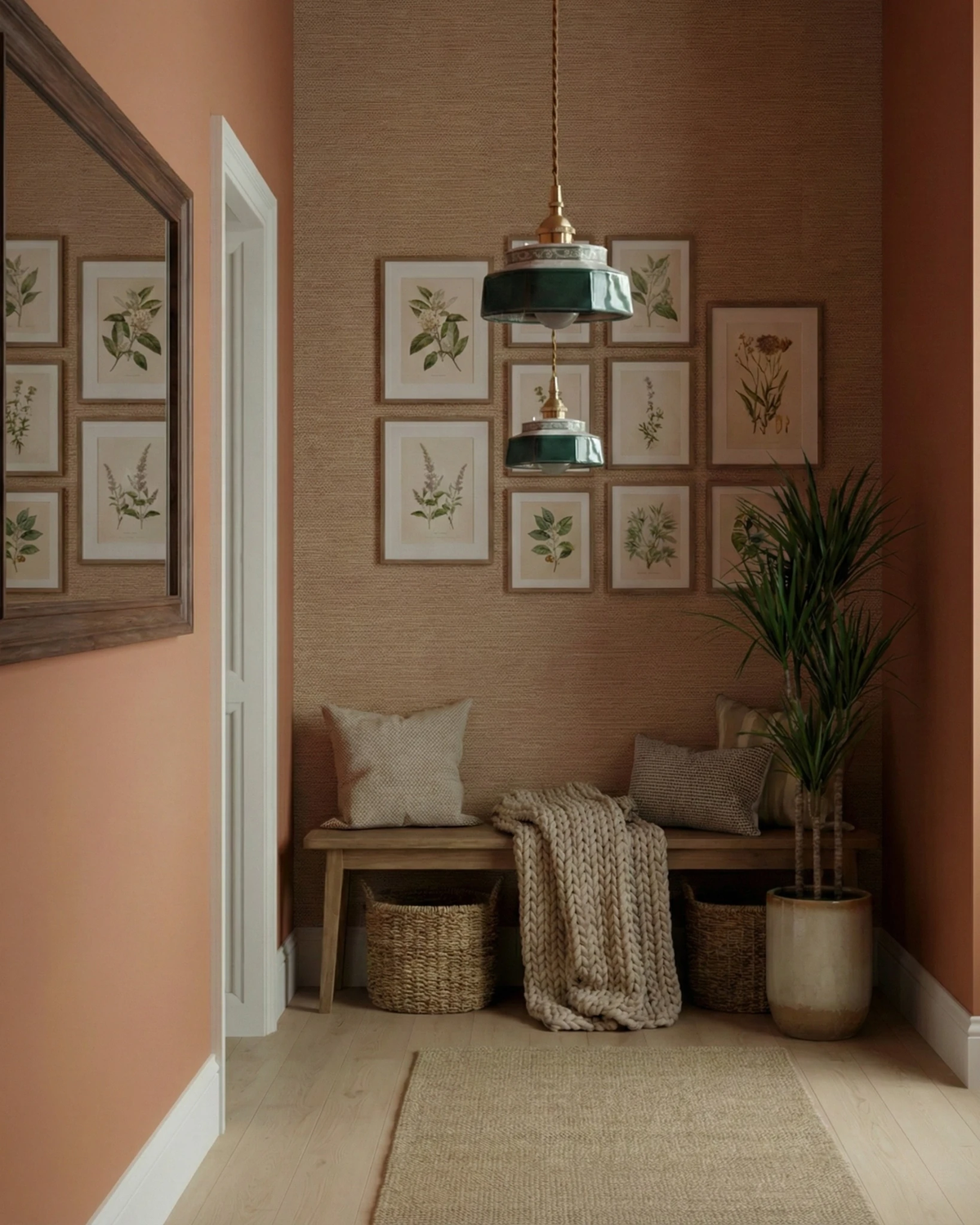 Ceramic pendant light RAGUSA No.01 in forest green lit in a hallway nook with botanical prints and a bench