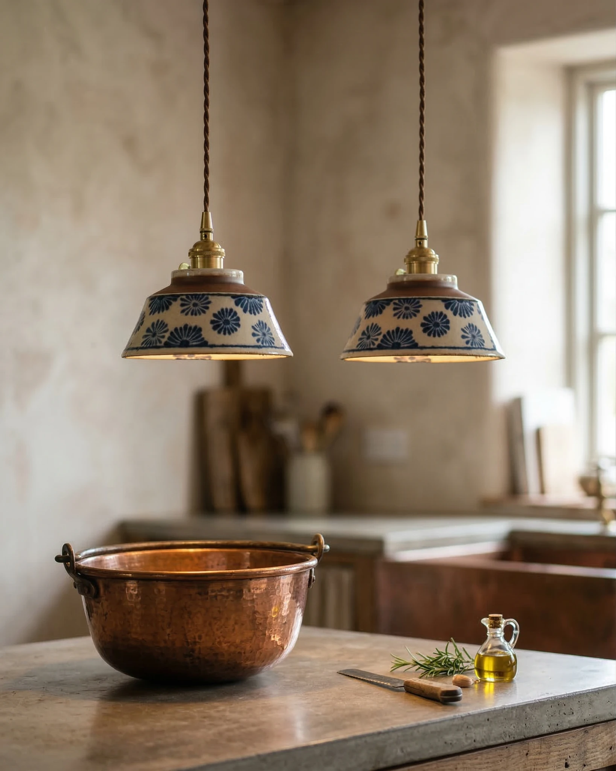 Two ceramic pendant lights MELI No.05 in indigo floral hanging over a stone kitchen counter with a copper pot