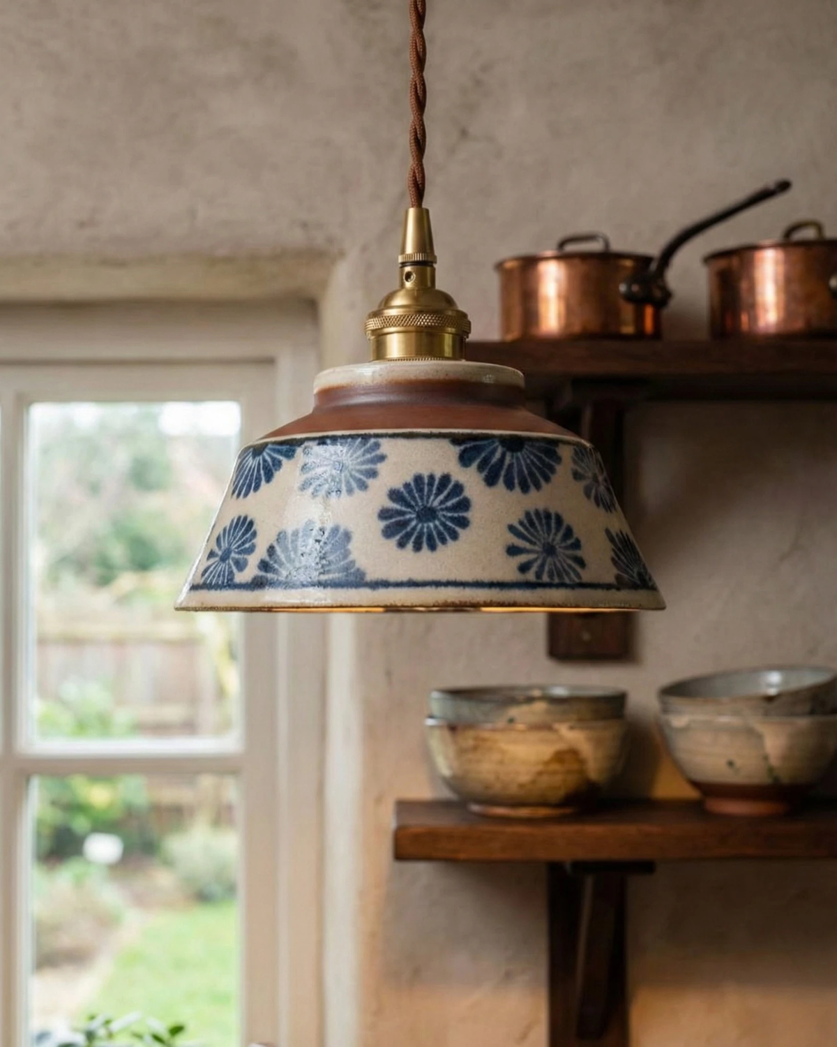 Ceramic pendant light MELI No.05 in indigo floral lit in a rustic kitchen with copper pots and open shelves