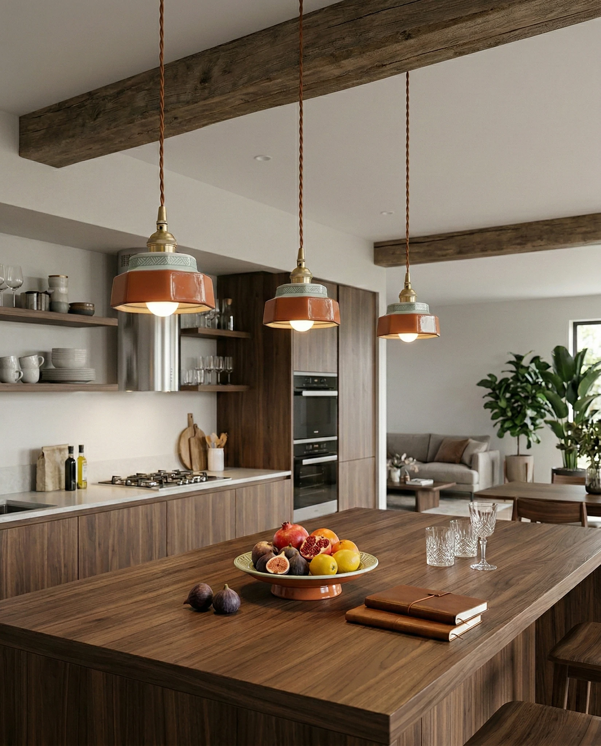 Three ceramic pendant lights RAGUSA No.01 in oxblood red lit over a wooden kitchen island with a fruit bowl