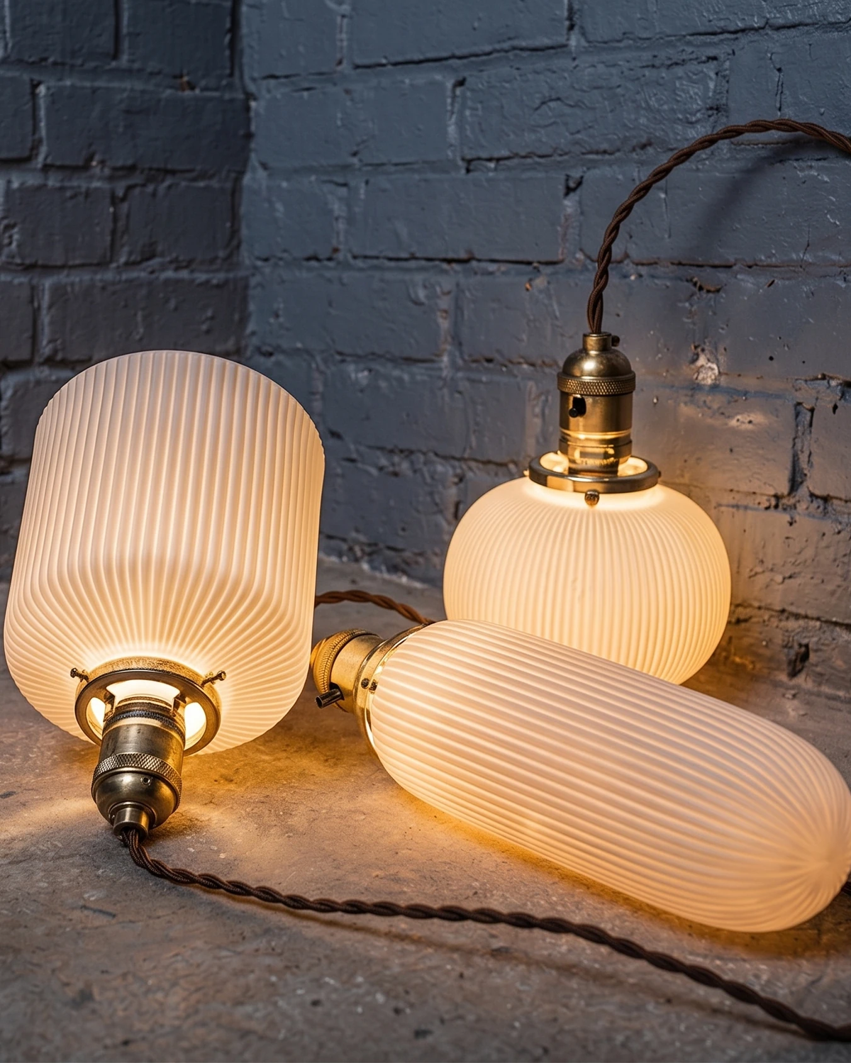 Three ceramic pendant lights SERA No.01, the cylinder, pebble and flask shades glowing on the floor by a dark brick wall