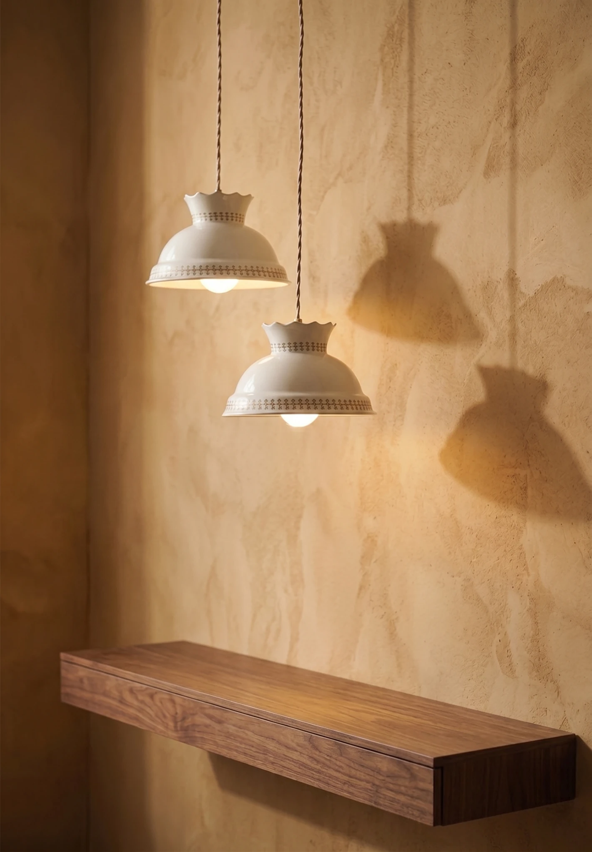Two ceramic pendant lights TERRA No.01 lit above a floating walnut shelf on a warm plaster wall