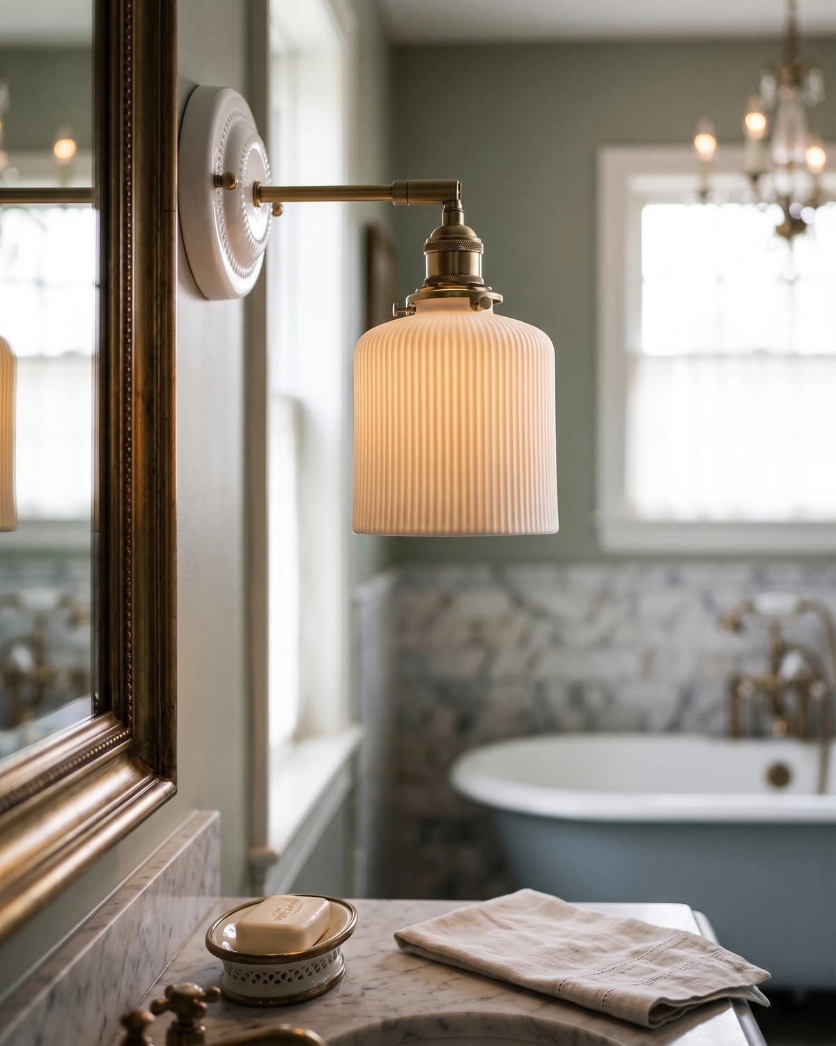 Ceramic wall sconce RIGA No.01 with a ribbed white shade on a brass arm lit beside a mirror near a clawfoot tub