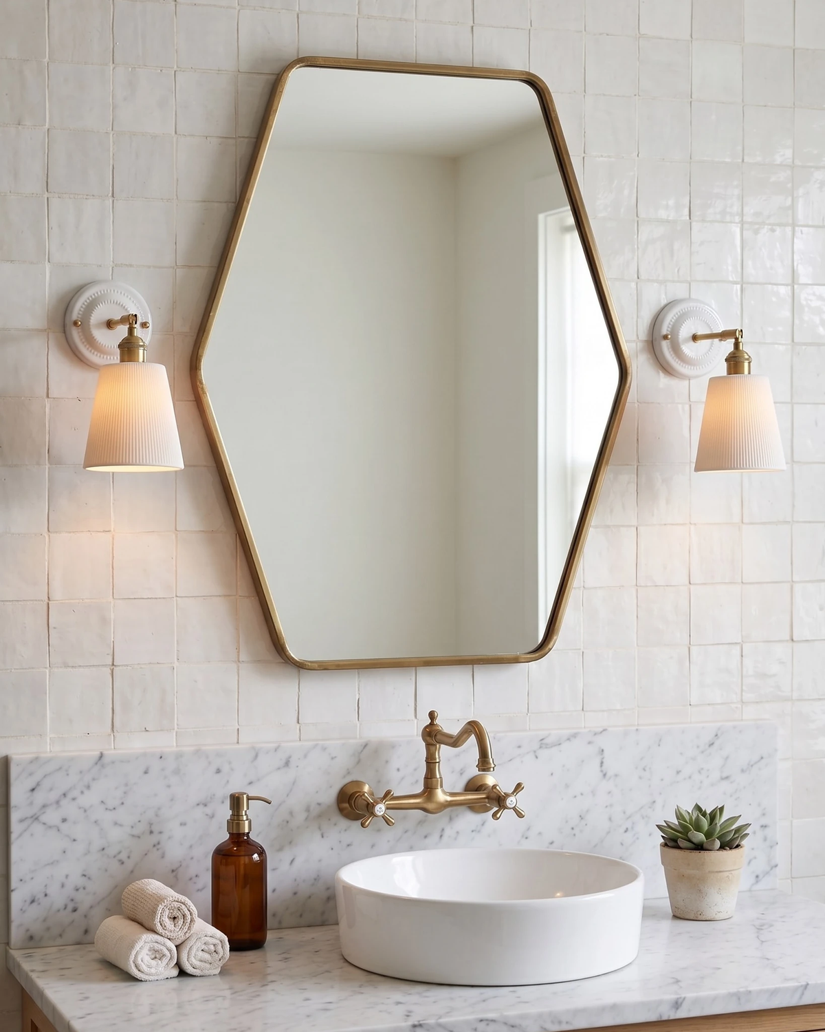 Two ceramic wall sconces RIGA No.02 flanking a hexagonal brass mirror above a vessel sink on zellige tile