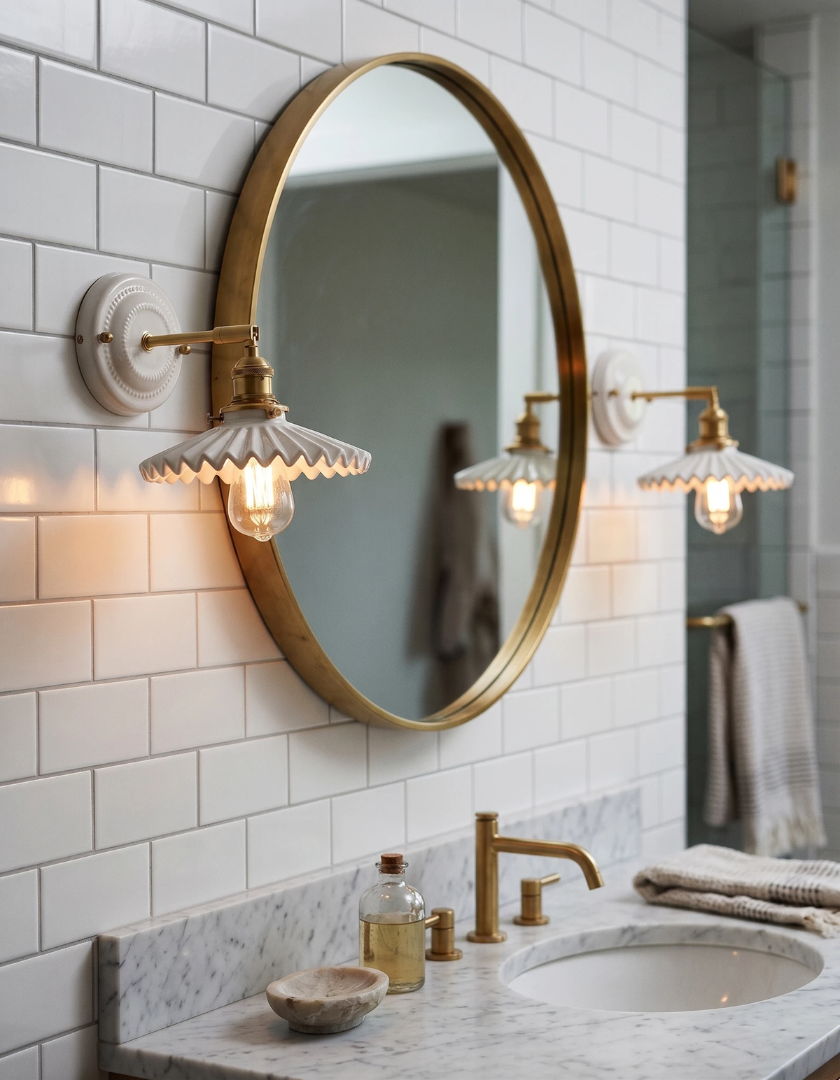 Two ceramic wall sconces RIGA No.03 lit beside a round brass mirror on subway tile above a stone vanity