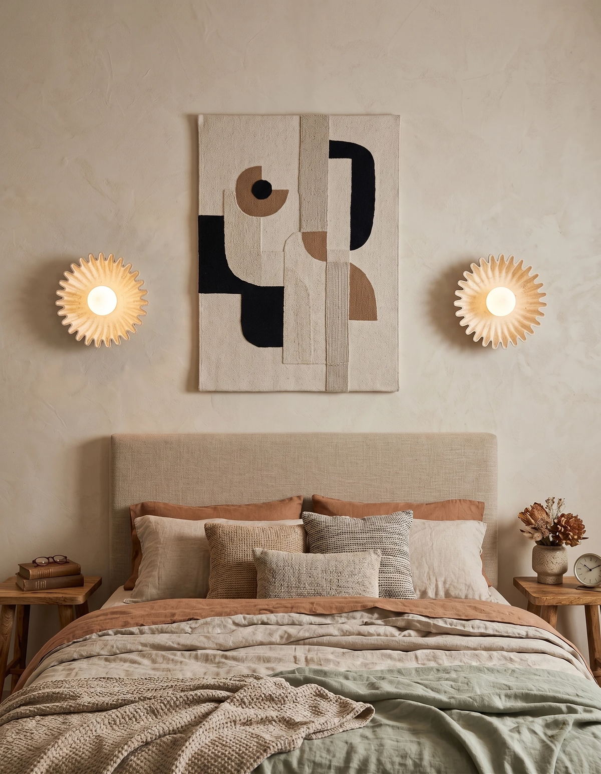 Two ceramic wall sconces RAGGI No.01 in beige switched on flanking a textile artwork above an upholstered bed