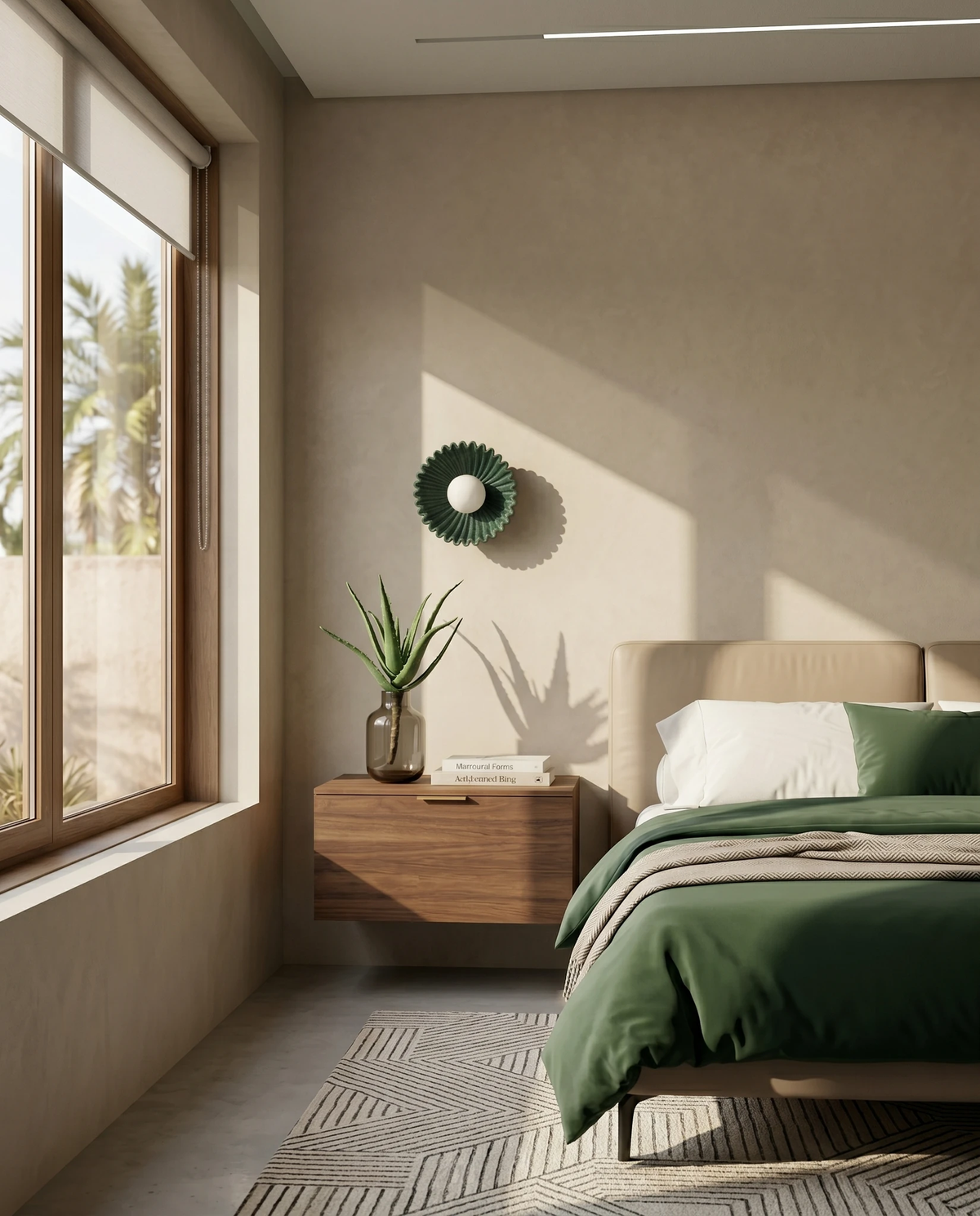 Ceramic wall sconce RAGGI No.01 in green unlit on a beige wall above a floating walnut nightstand and green bedding