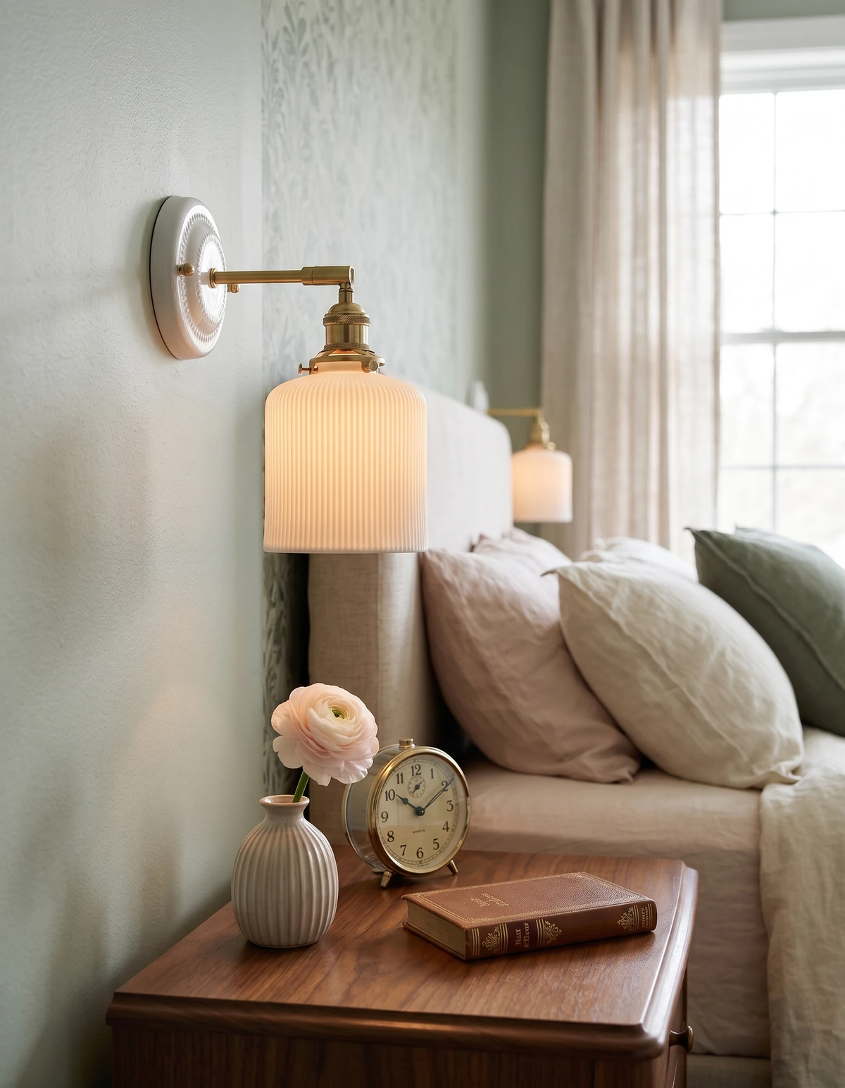 Ceramic wall sconce RIGA No.01 switched on above a walnut nightstand with a clock and vase beside a linen bed