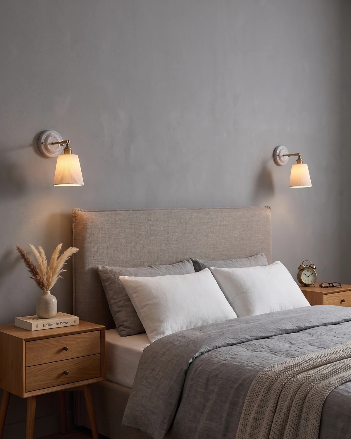 Two ceramic wall sconces RIGA No.02 lit on either side of a bed with a grey wall and wooden nightstand