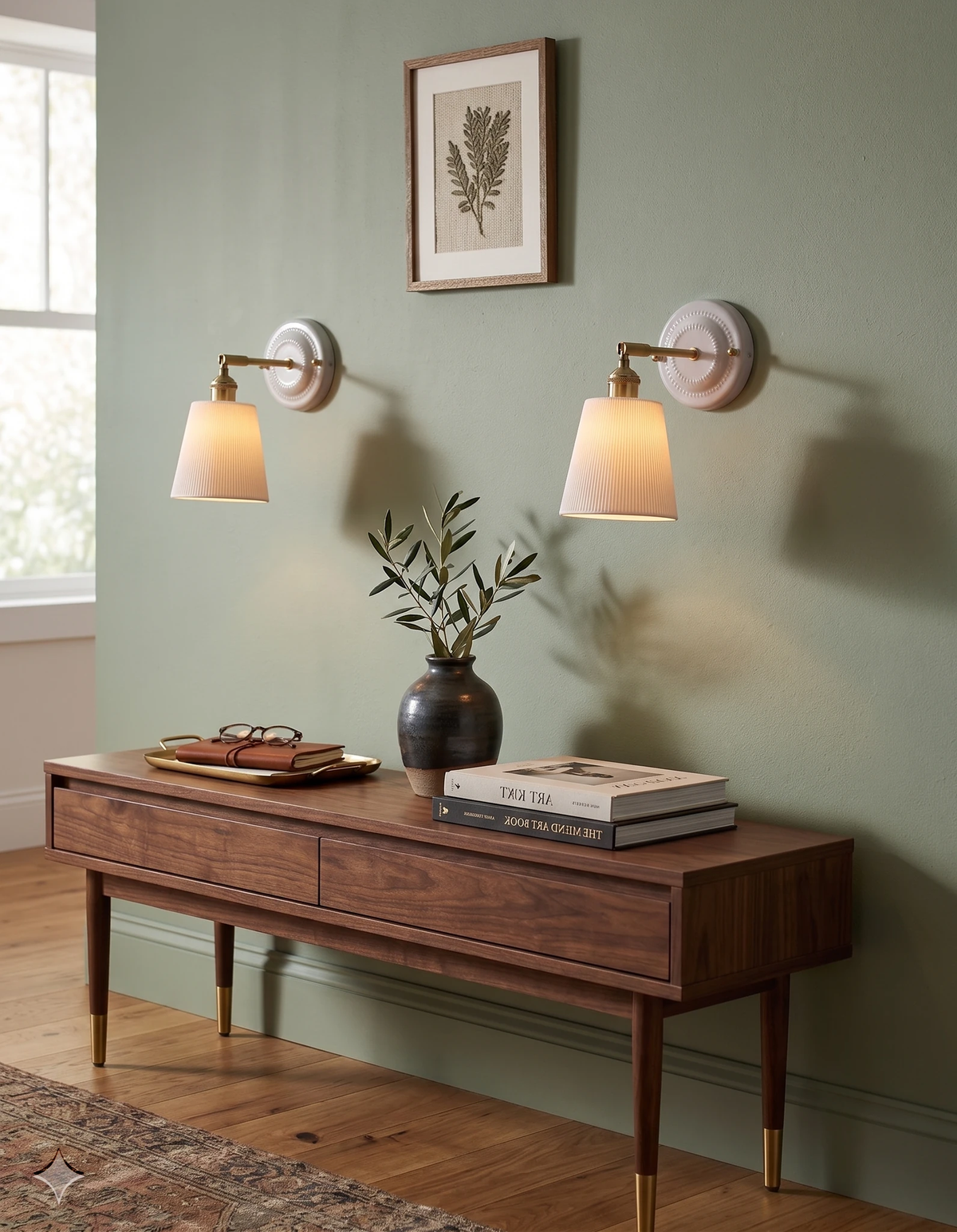 Pair of ceramic wall sconces RIGA No.02 lit on a sage wall above a walnut console with a framed print