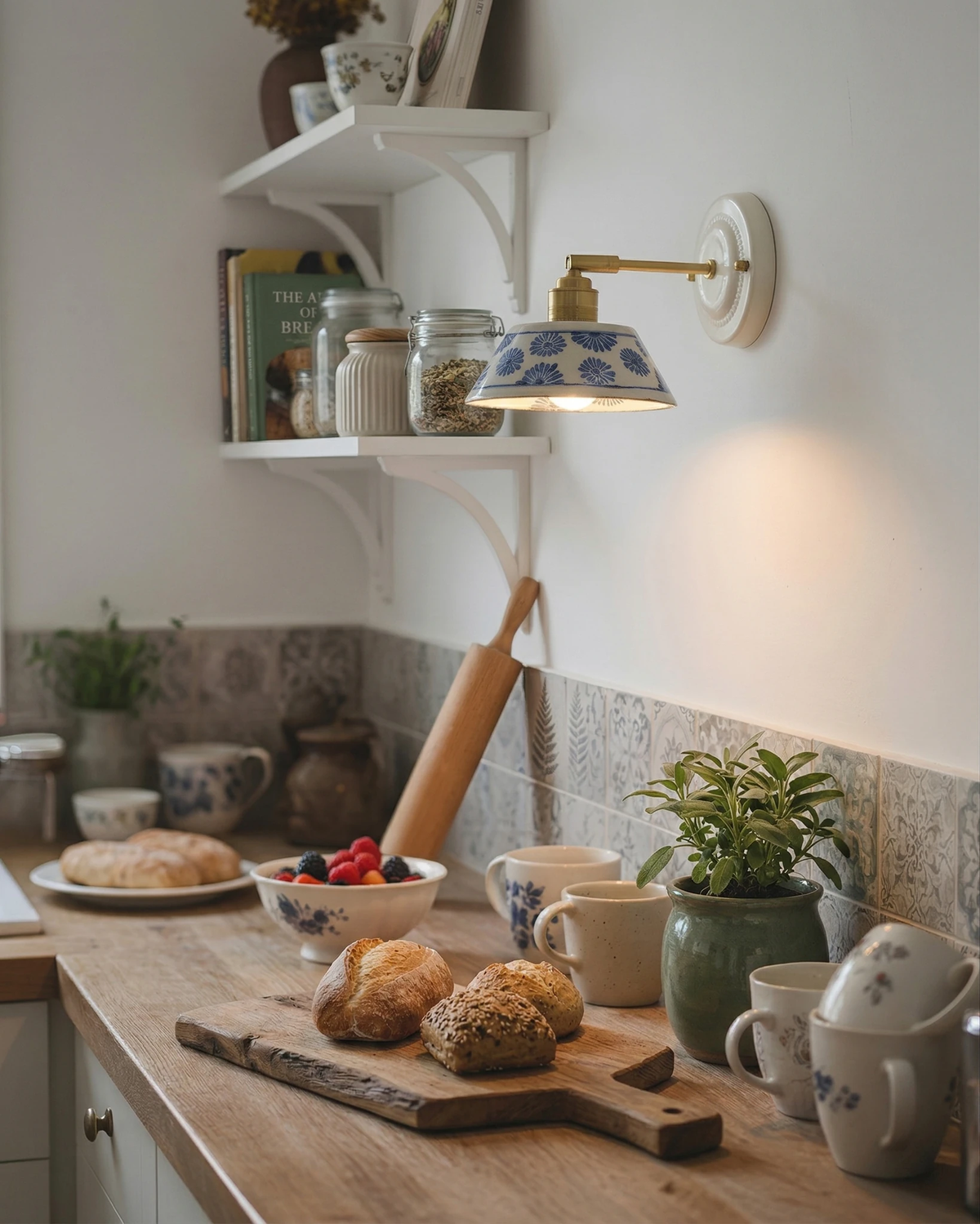 Ceramic wall sconce FIORA No.01 with blue floral shade lighting a kitchen counter