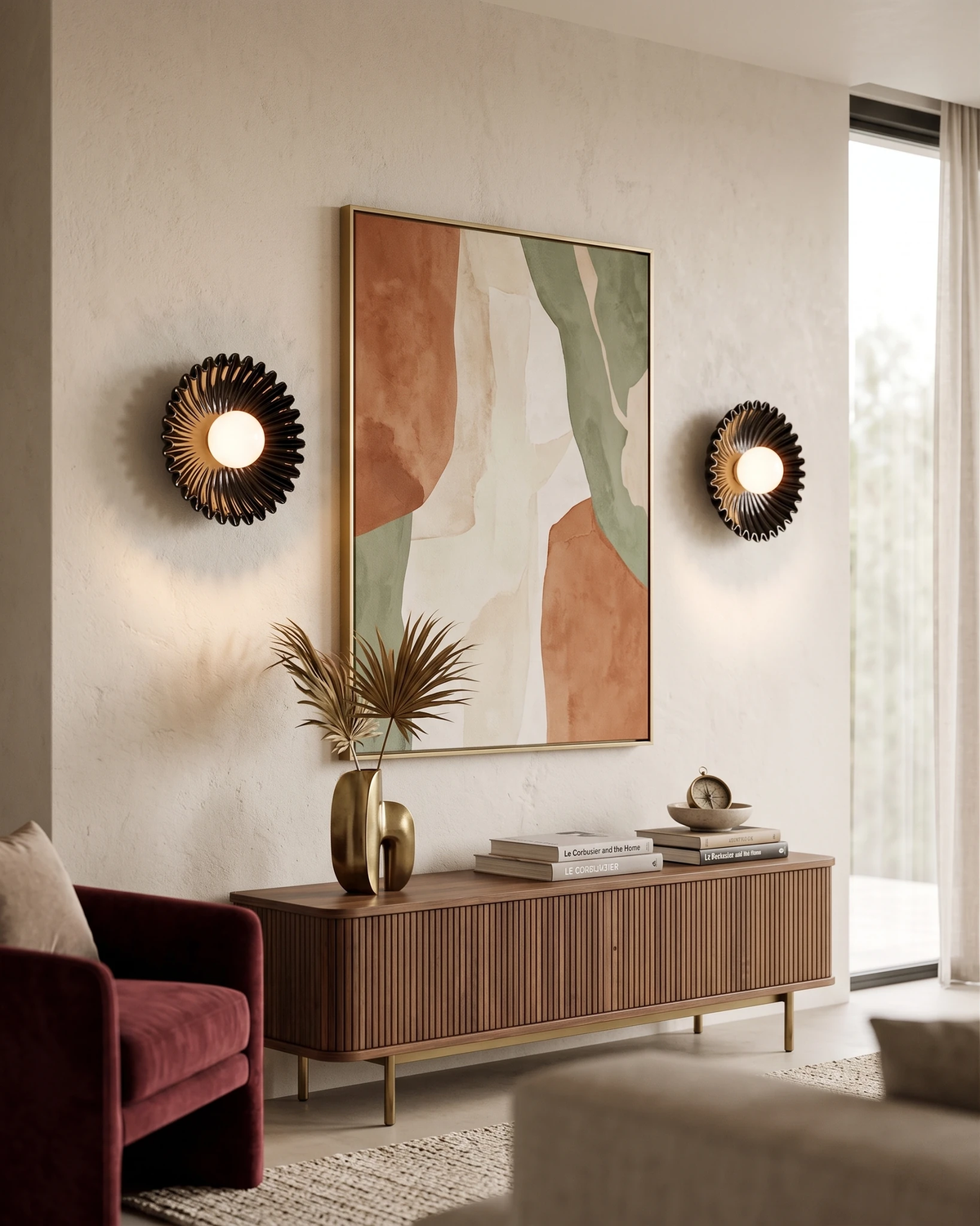 Two ceramic wall sconces RAGGI No.01 in dark glaze lit on either side of a large abstract painting above a walnut sideboard