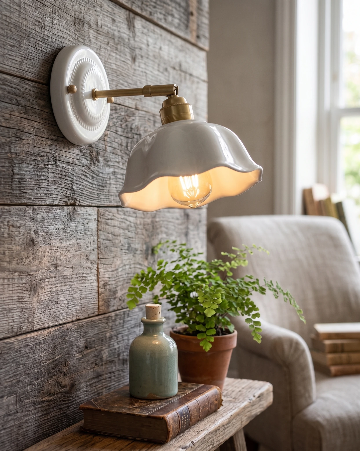 Ceramic wall sconce RIGA No.05 lit on a reclaimed wood wall above a bench with a fern and a linen armchair
