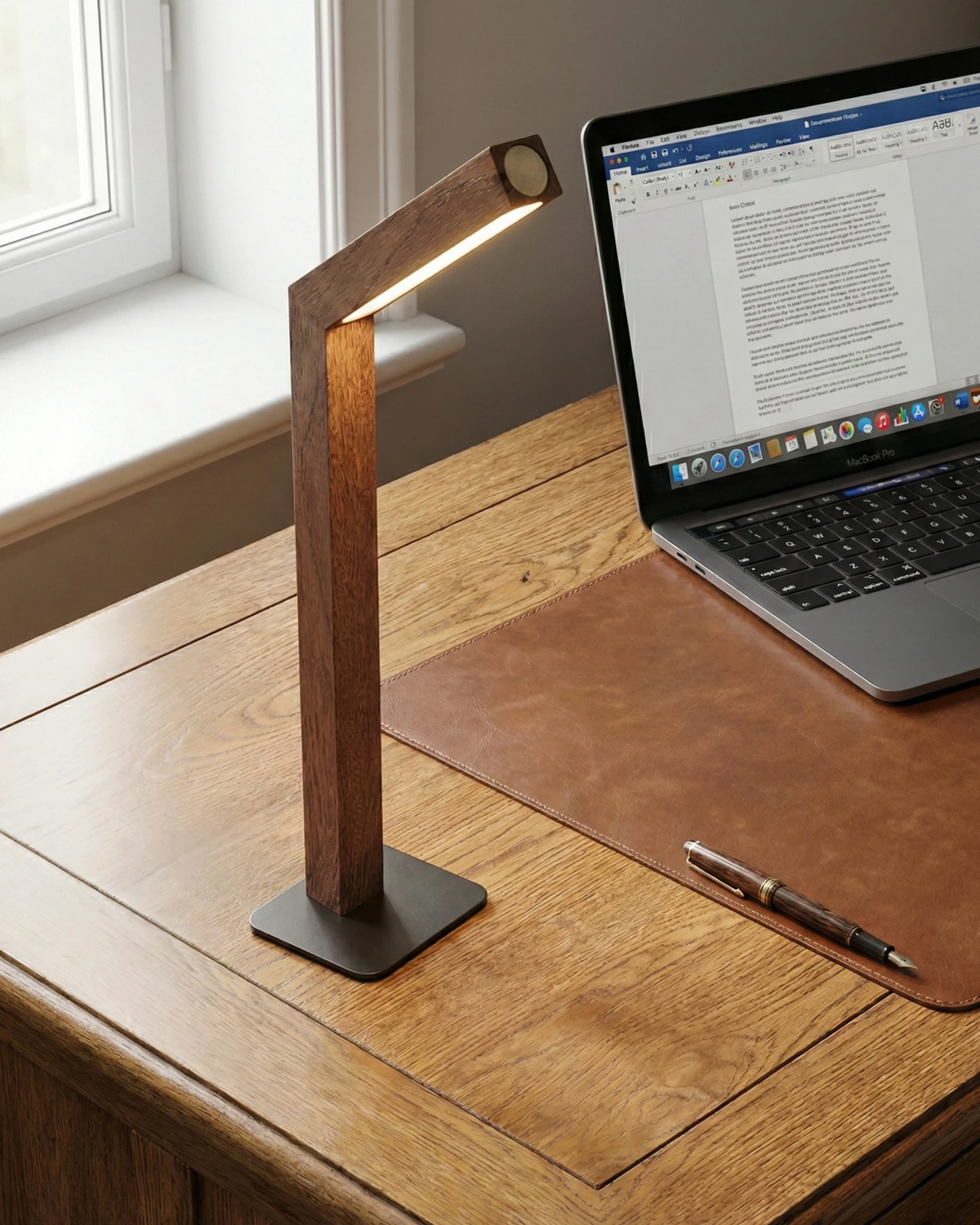 Cordless desk lamp RAMO No.01 in dark sapele, lit on a leather desk pad beside an open laptop