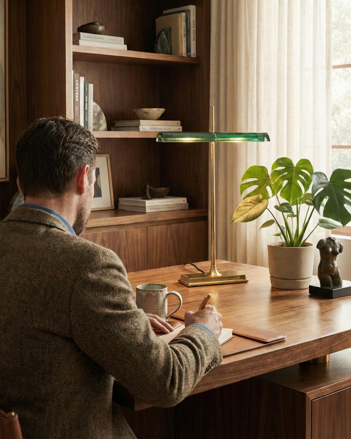 Cordless desk lamp BANCO No.02 green lit on a walnut desk as a man writes in front of built-in bookshelves