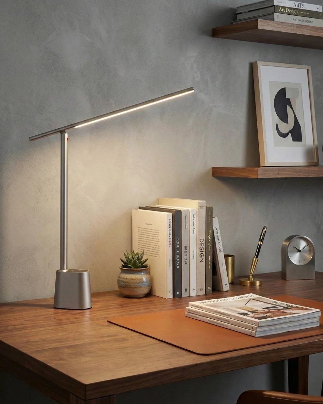 Cordless desk lamp BARLETTA No.01 in grey lit on a wooden desk with books, a leather pad and floating shelves