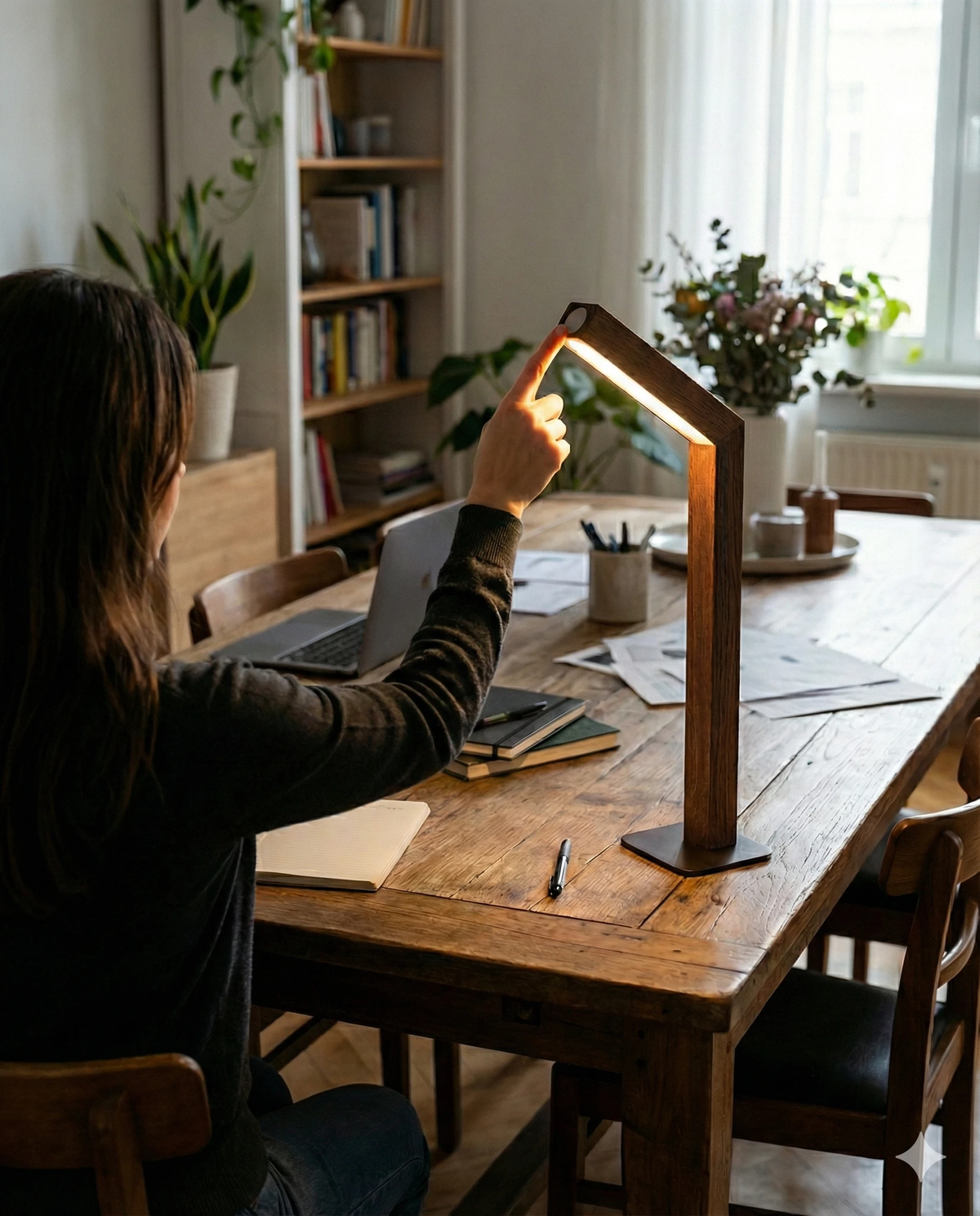 Cordless desk lamp RAMO No.01 in dark wood, lit on a wooden desk while a woman at a laptop adjusts the head