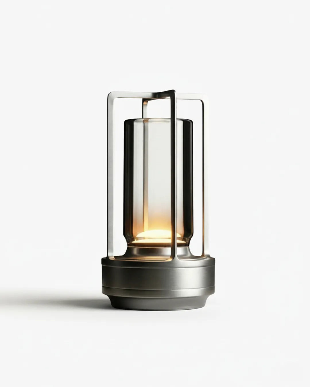 Cordless lantern lamp LATTA No.01 in Brushed Silver, glass cylinder in an aluminum frame, switched on