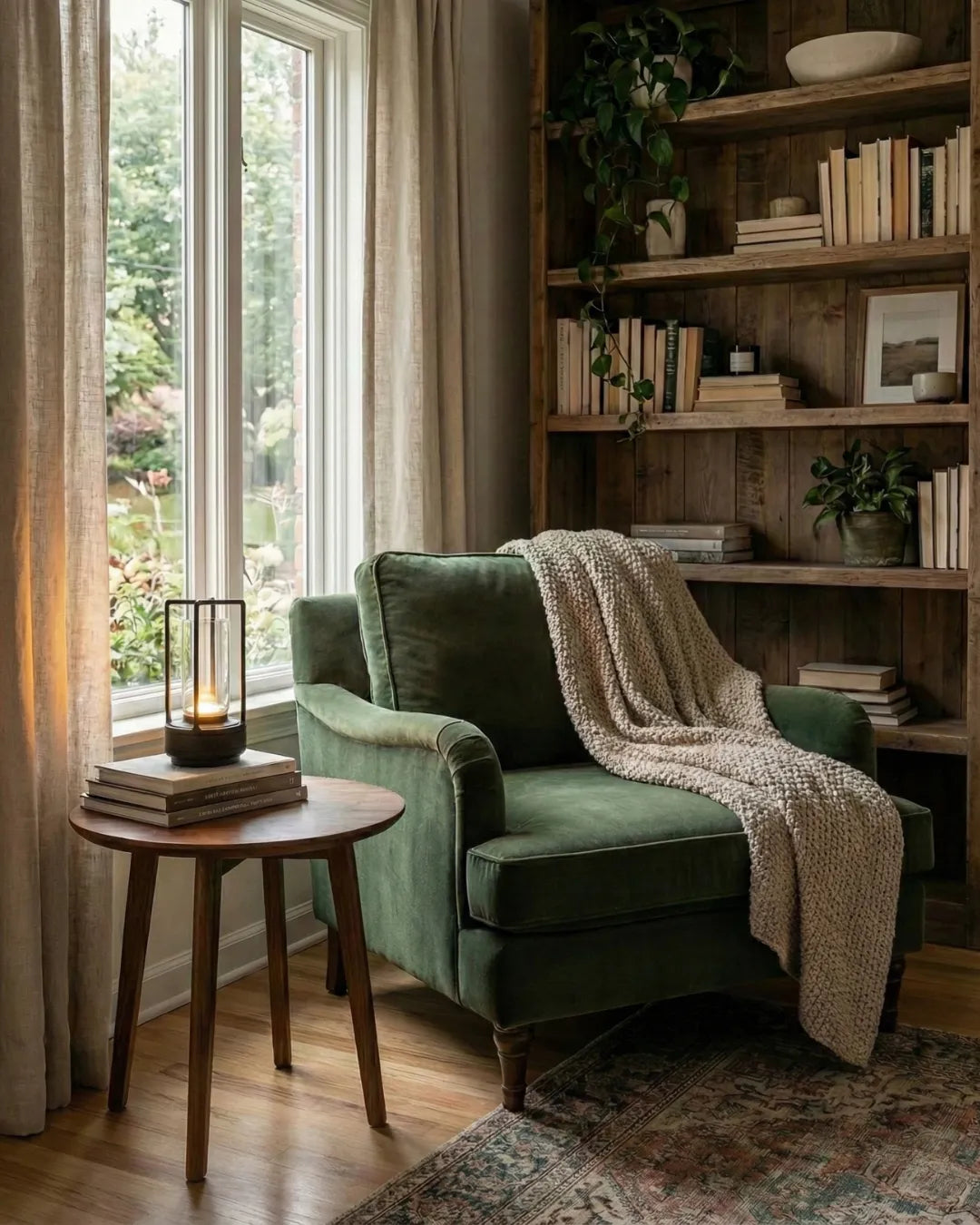 Cordless lantern lamp LATTA No.01 in black lit on books on a round side table beside a green velvet armchair