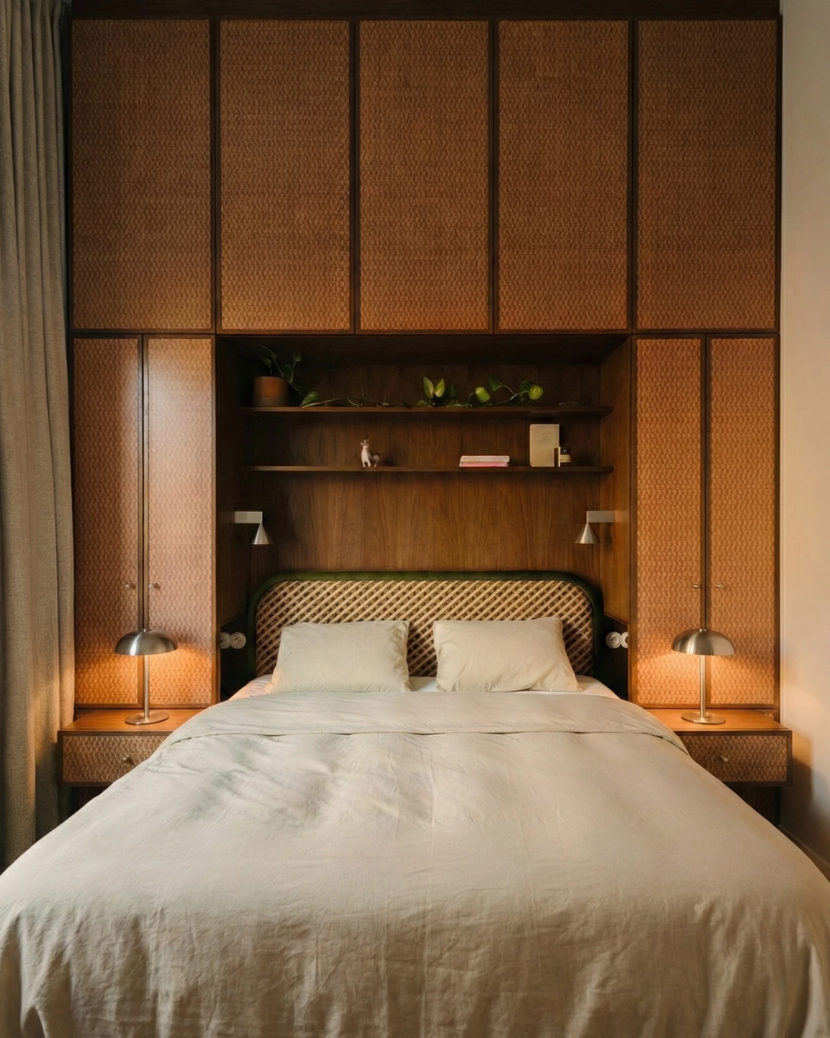 Two cordless mushroom lamps LUMA No.02 in Mirror Argent lit on nightstands flanking a bed in a wood-paneled alcove