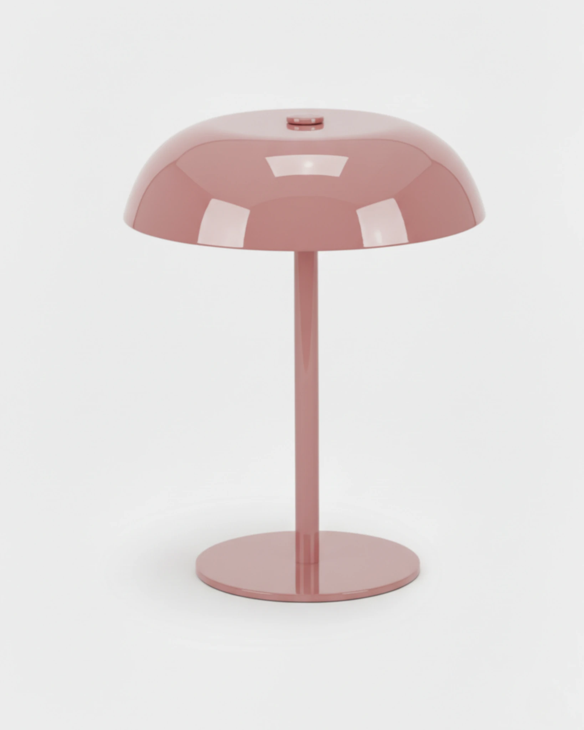 Cordless mushroom lamp LUMA No.02 in Blush Rose, glossy pink dome shade, stem and flat disc base