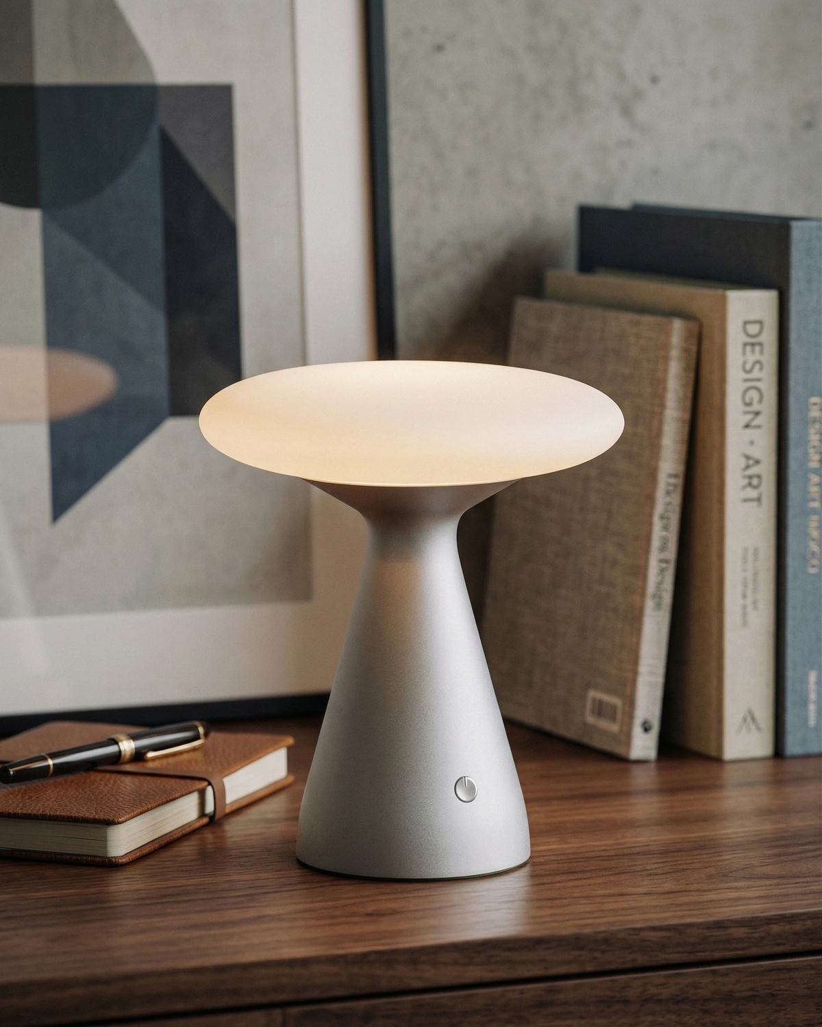 Cordless mushroom lamp DOMA No.03 glowing on a walnut surface beside books, a notebook and a framed print