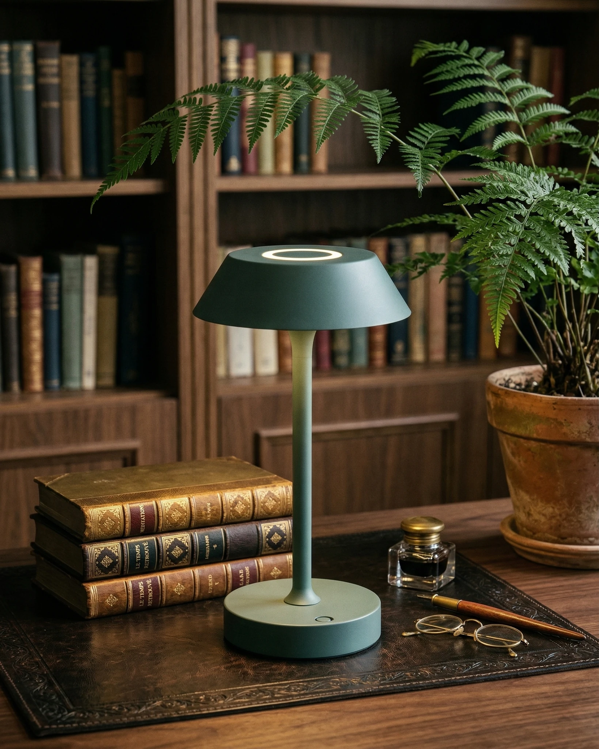 Cordless mushroom lamp CIMA No.01 in forest green lit on a leather desk pad with old books and bookshelves behind