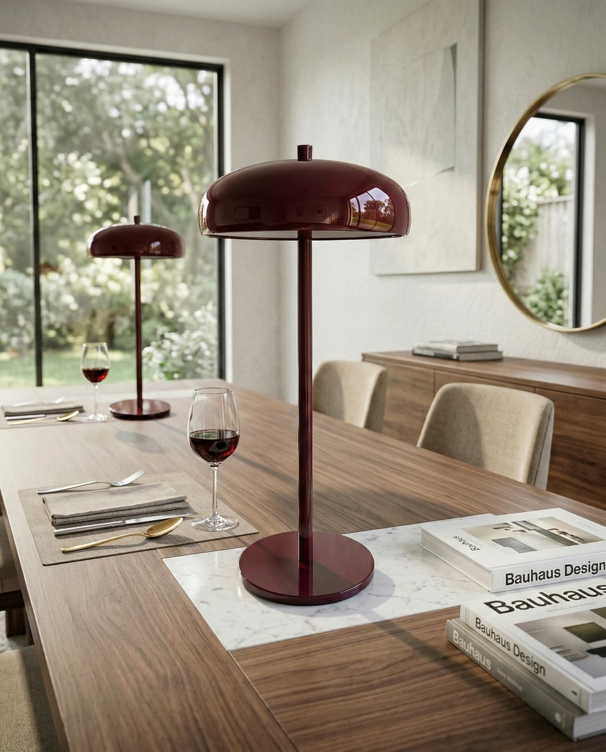 Two cordless mushroom lamps DOMA No.01 in burgundy on a walnut dining table with a glass of red wine, unlit