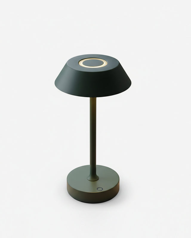 Cordless mushroom lamp CIMA No.01 in Forest Green, conical shade with a lit ring on a slim stem, white background