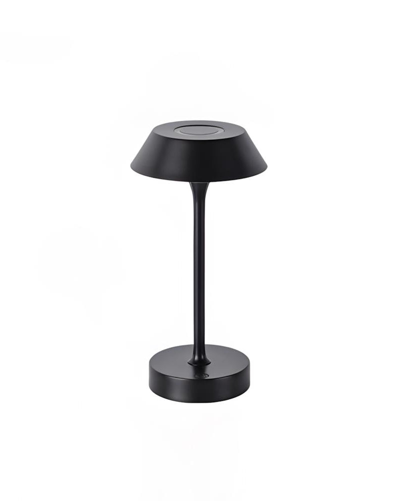 Cordless mushroom lamp CIMA No.01 in Volcano Black, shade ring switched on, front view on a white background