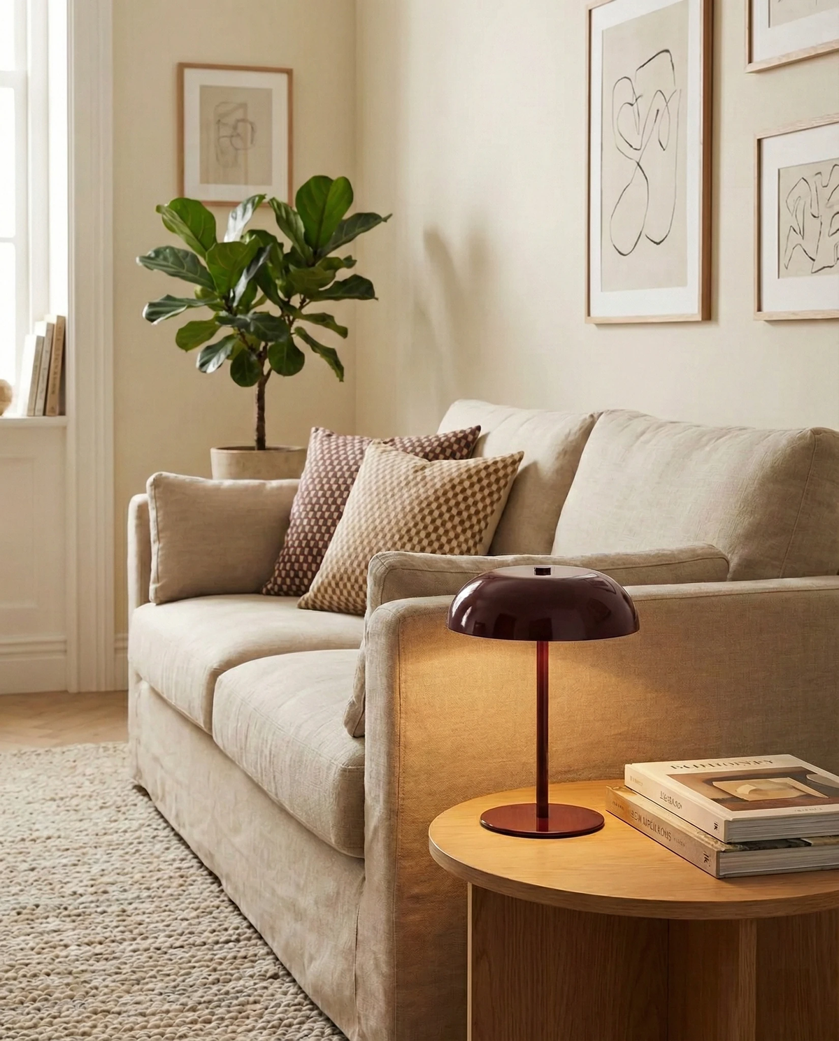 Cordless mushroom lamp LUMA No.02 in Bordeaux Red switched on atop a round oak side table beside a beige sofa