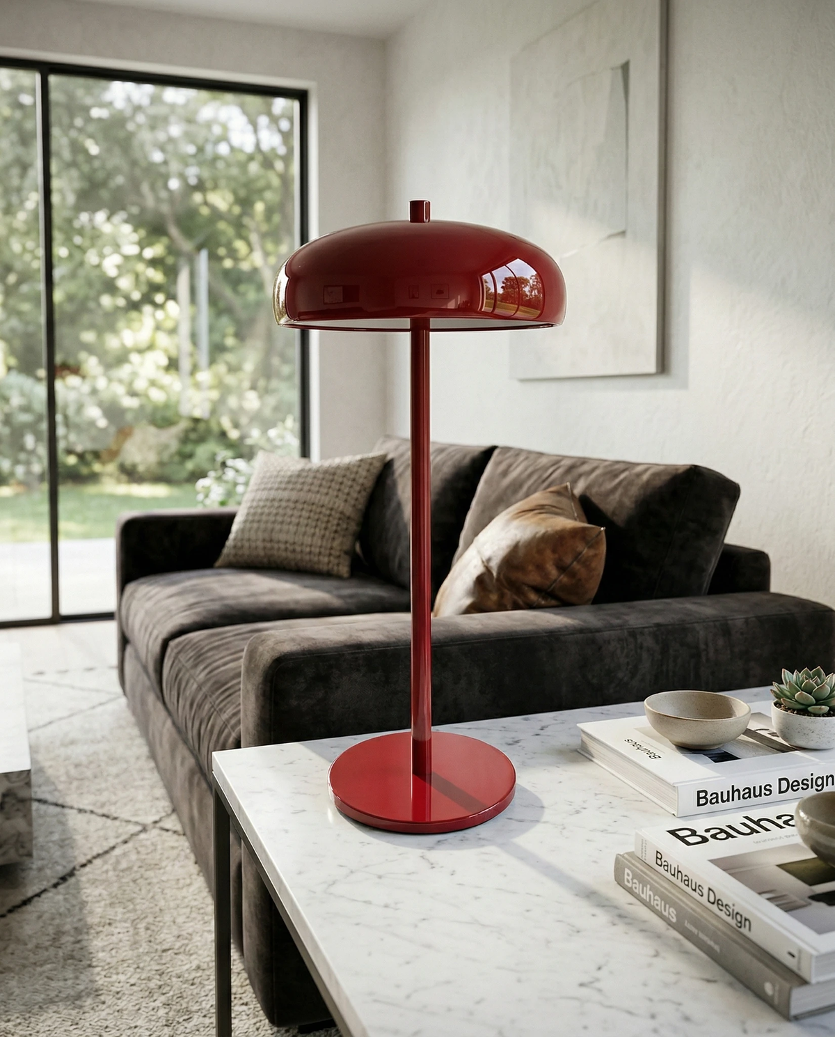 Cordless mushroom lamp DOMA No.01 in red on a marble coffee table beside a dark velvet sofa, unlit