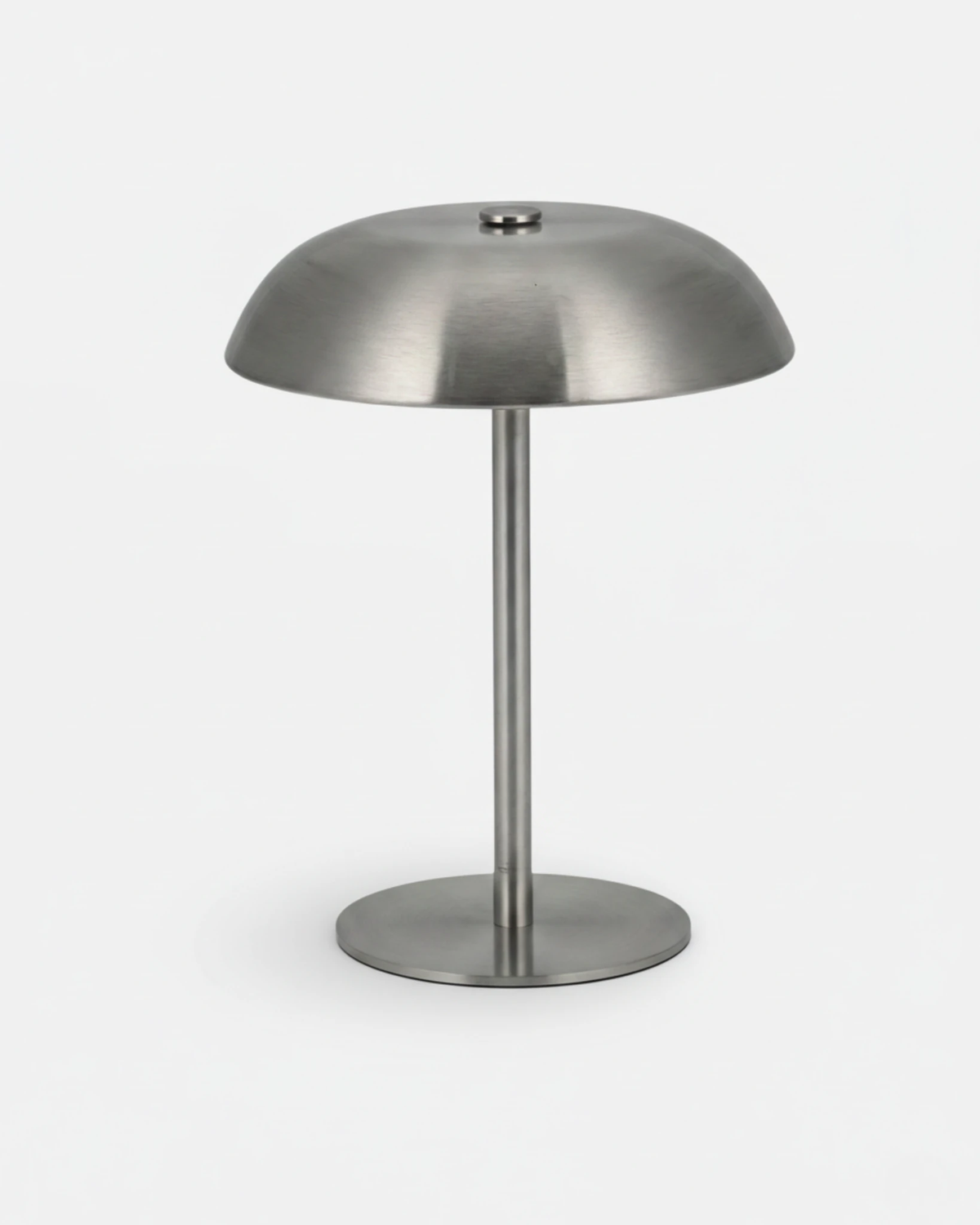Cordless mushroom lamp LUMA No.02 in Mirror Argent, brushed silver dome and stem with a round metal base