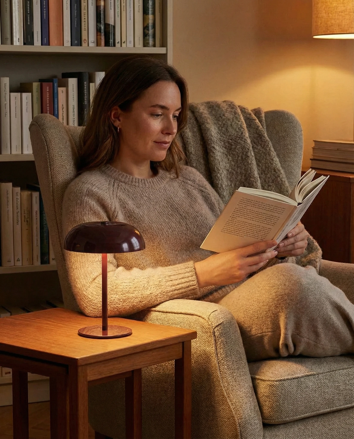 Cordless mushroom lamp LUMA No.02 in Bordeaux Red lit on a side table beside a woman reading in an armchair