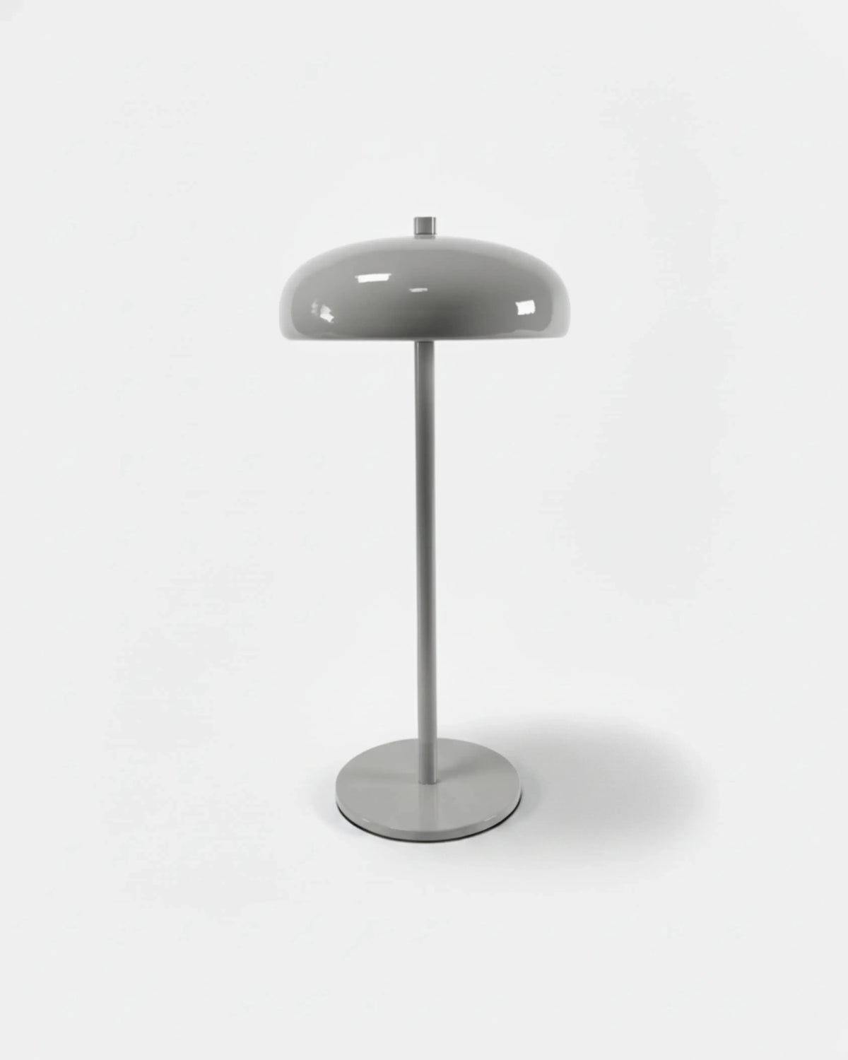 Cordless mushroom lamp DOMA No.01 in Warm Grey, light grey lacquered dome, stem and round base, unlit