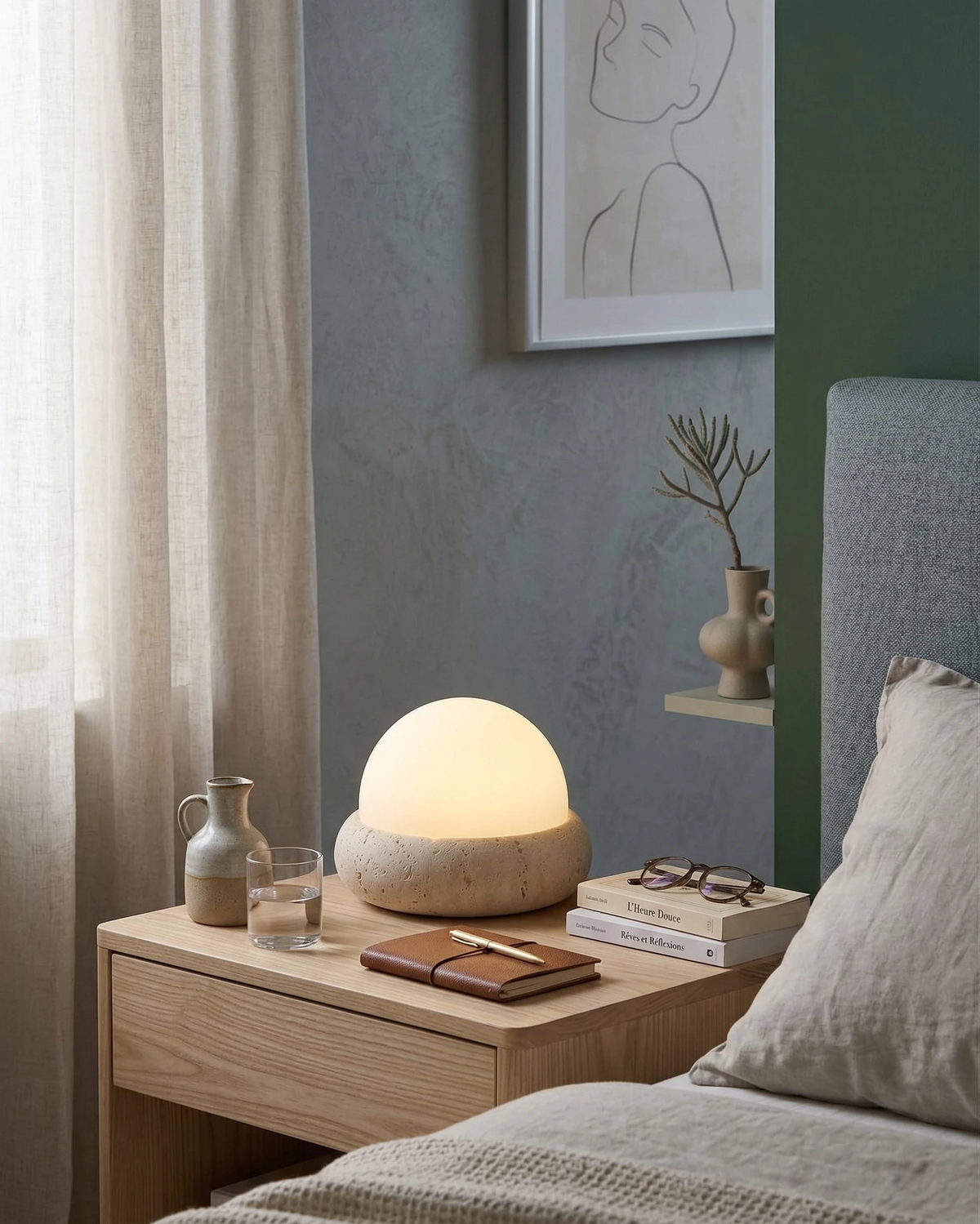 Cordless outdoor table lamp LUCE No.01 lit on an oak nightstand with books and a carafe beside a bed